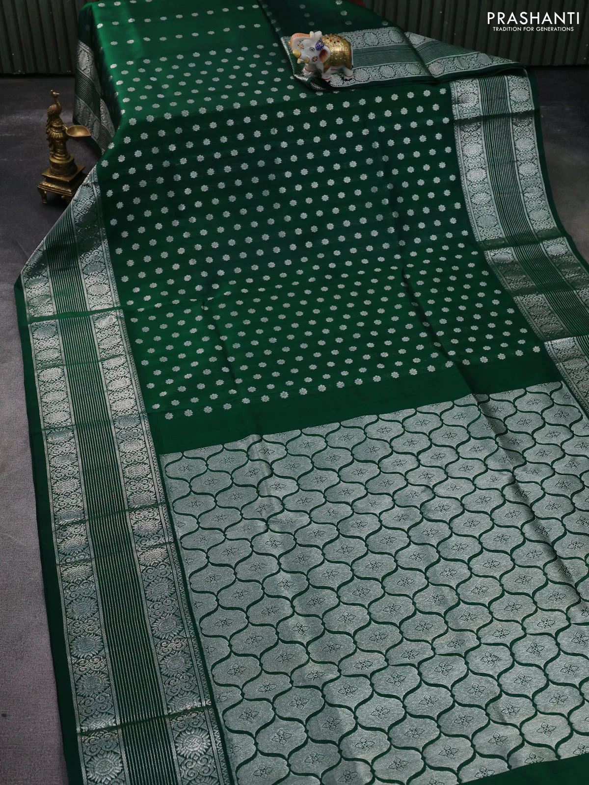 Venkatagiri silk saree green with allover silver zari woven buttas and long silver zari woven border - Image 2