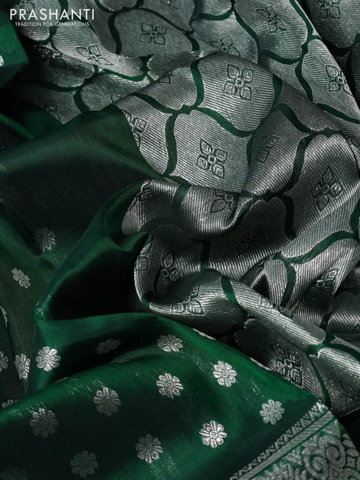 Venkatagiri silk saree green with allover silver zari woven buttas and long silver zari woven border - Image 3