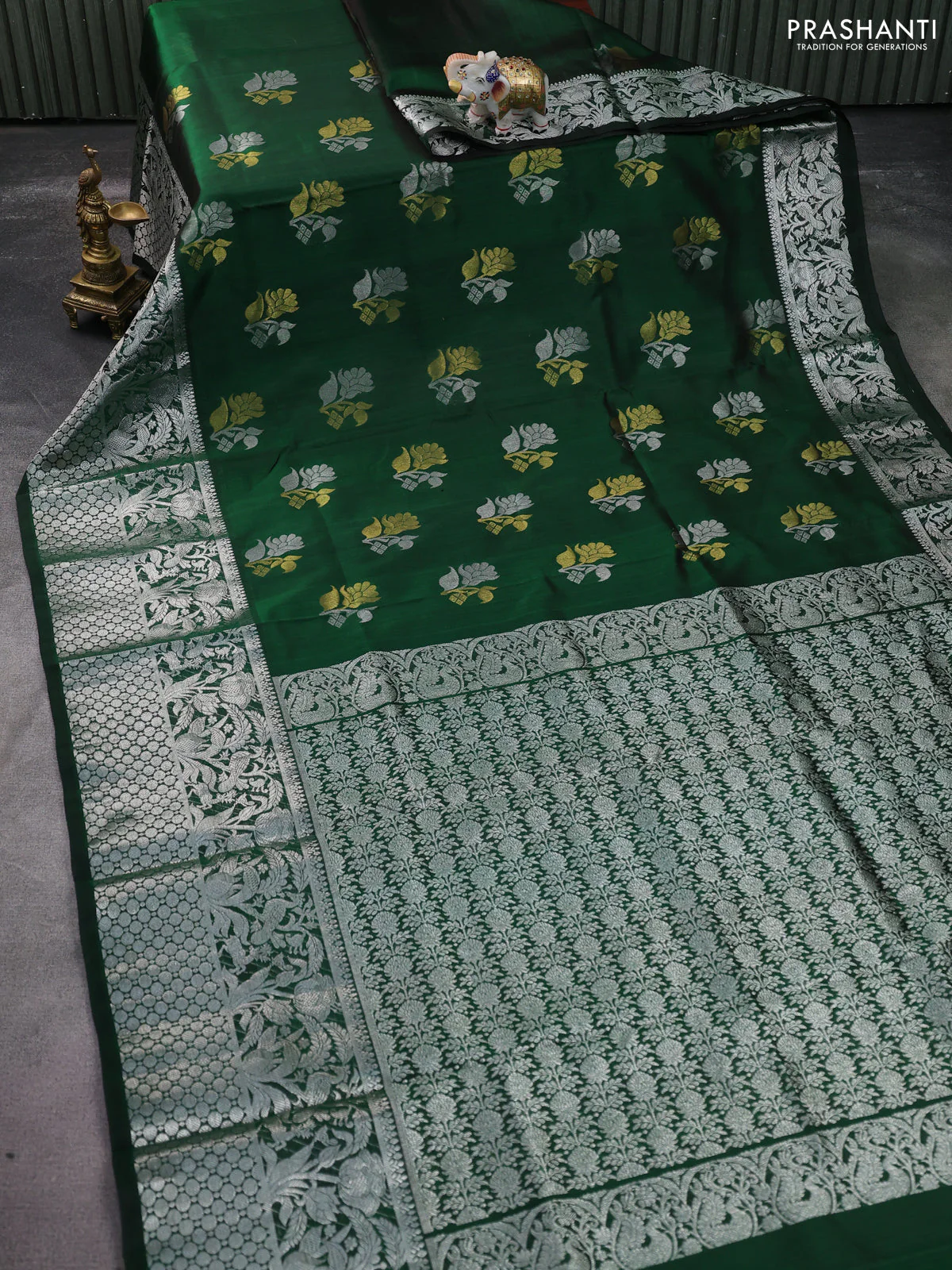 Venkatagiri silk saree green with silver & gold zari woven floral buttas and long silver zari woven border - Image 2