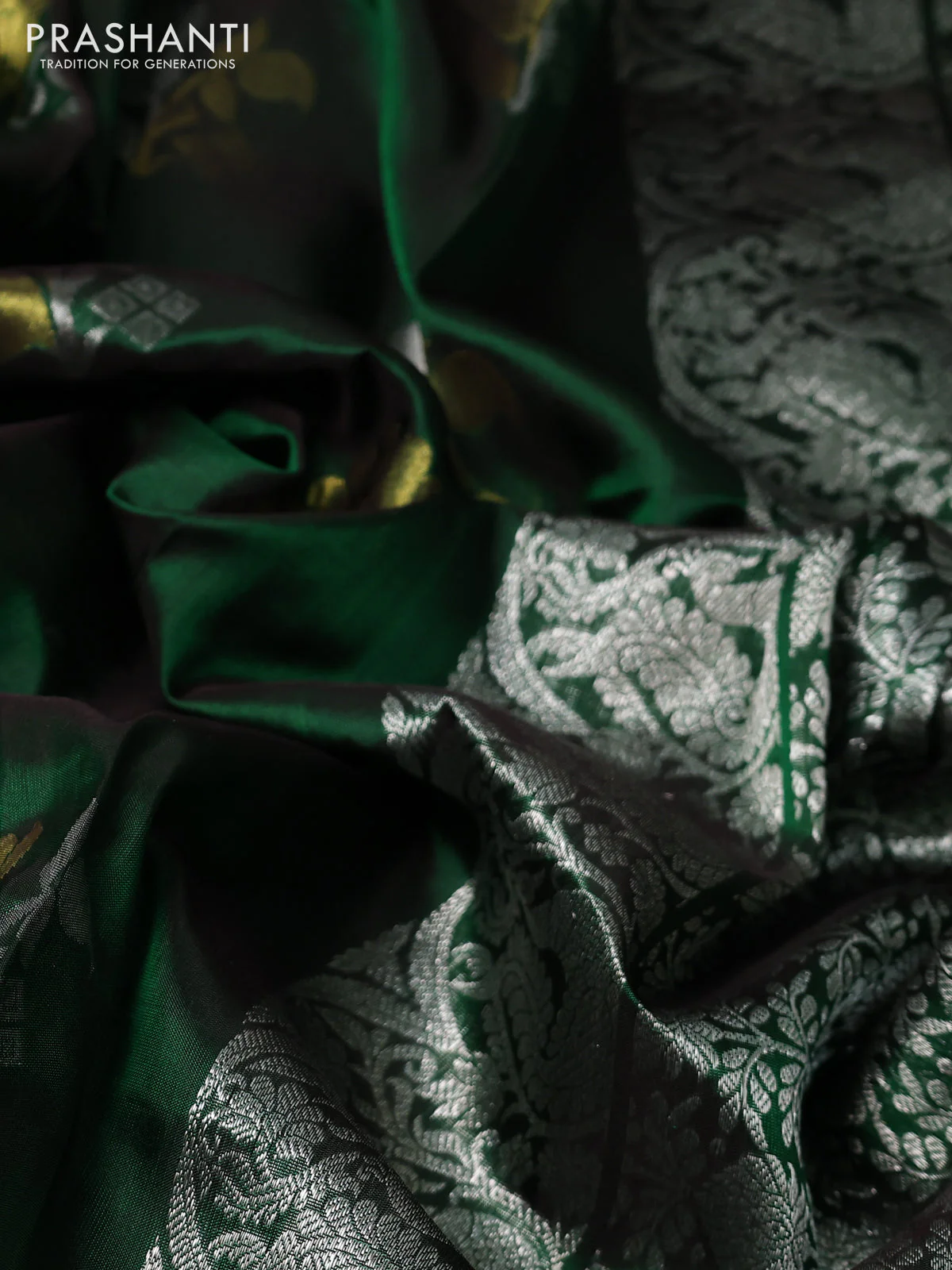 Venkatagiri silk saree green with silver & gold zari woven floral buttas and long silver zari woven border - Image 3