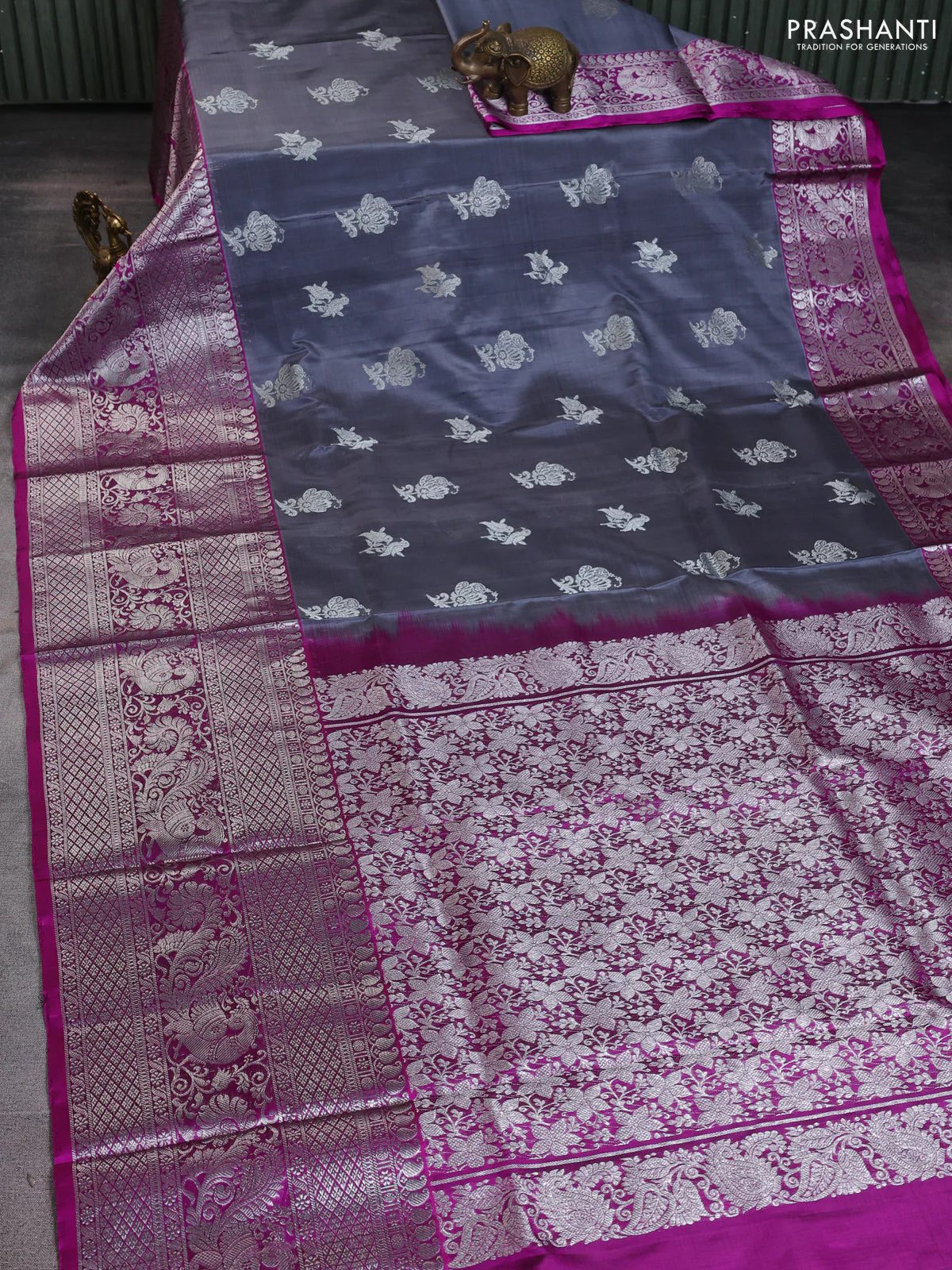 Venkatagiri silk saree grey and purple with silver zari woven buttas and long silver zari woven border - Image 2