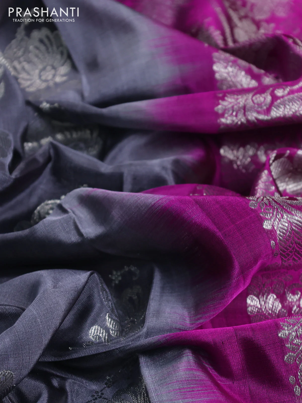 Venkatagiri silk saree grey and purple with silver zari woven buttas and long silver zari woven border - Image 3