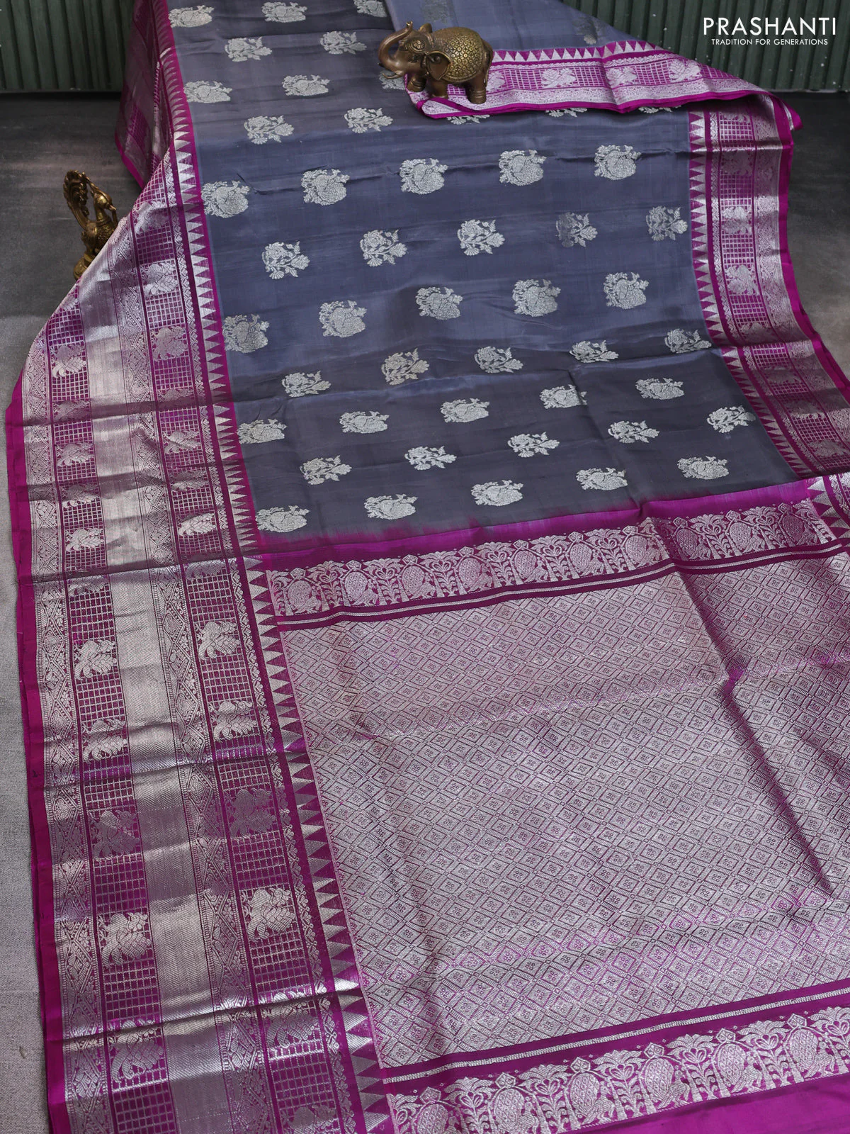 Venkatagiri silk saree grey and purple with silver zari woven buttas and long silver zari woven border - Image 2