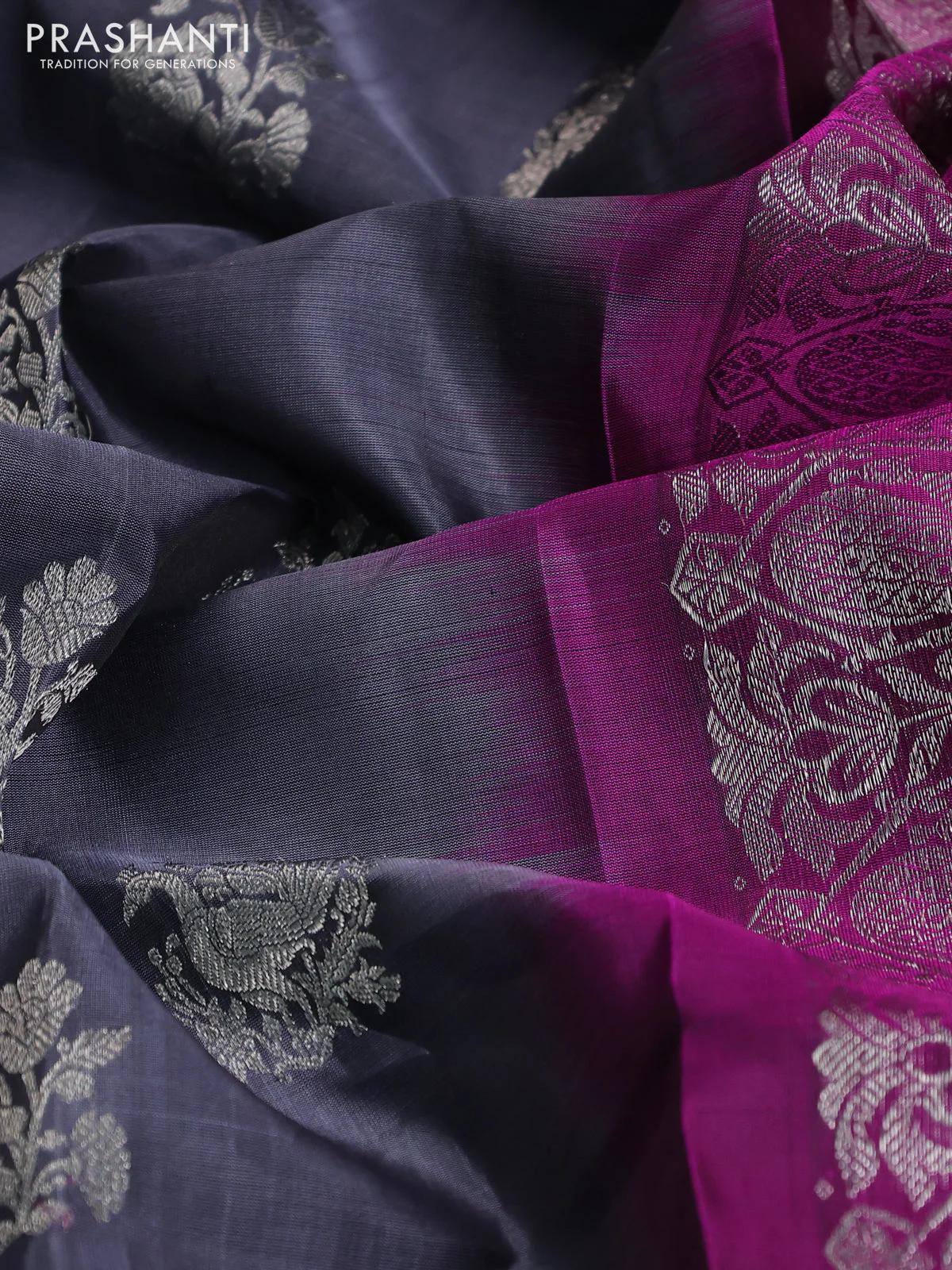 Venkatagiri silk saree grey and purple with silver zari woven buttas and long silver zari woven border - Image 3