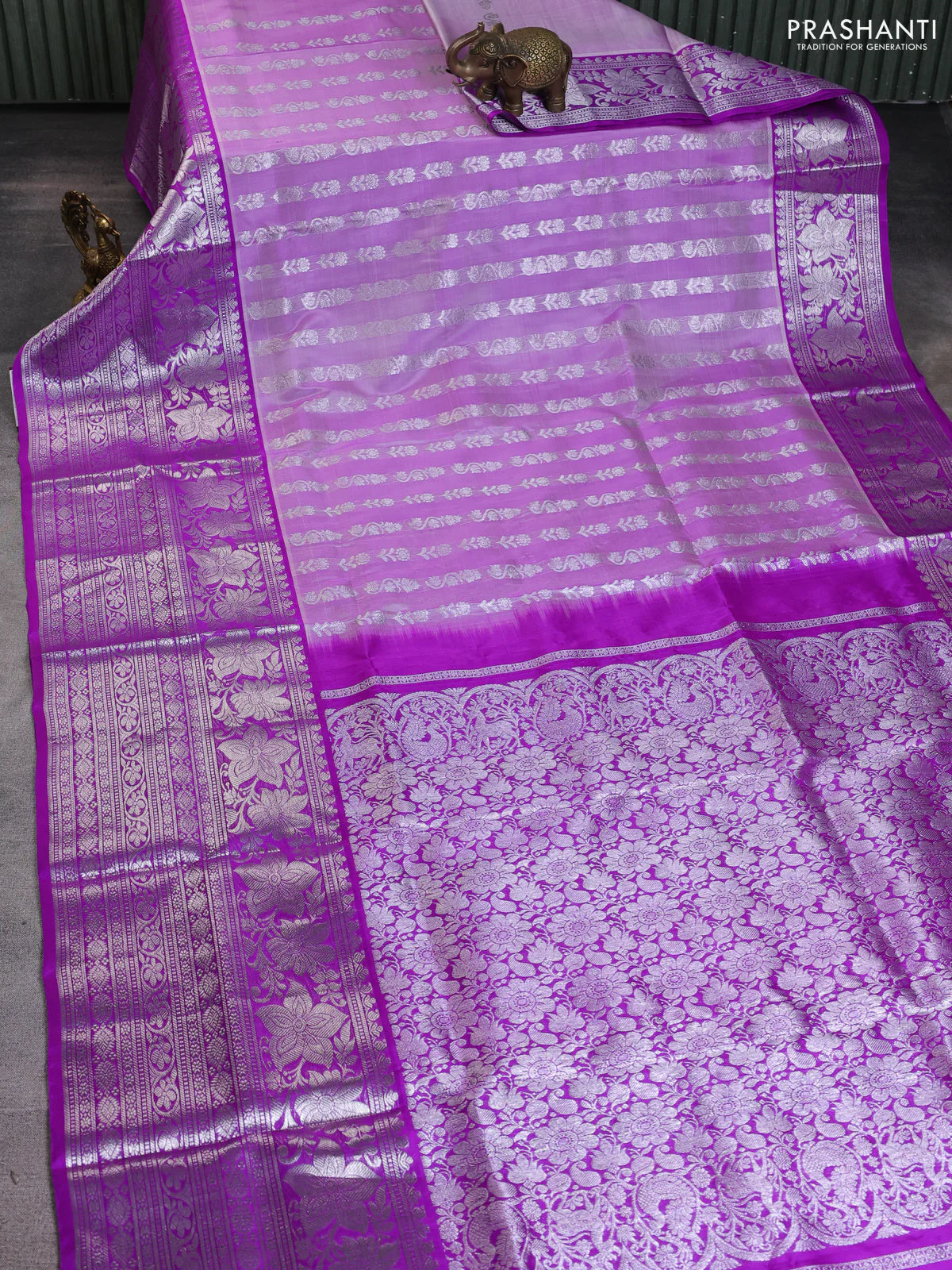 Venkatagiri silk saree lavender and purple with allover silver zari weaves and long silver zari woven border - Image 2
