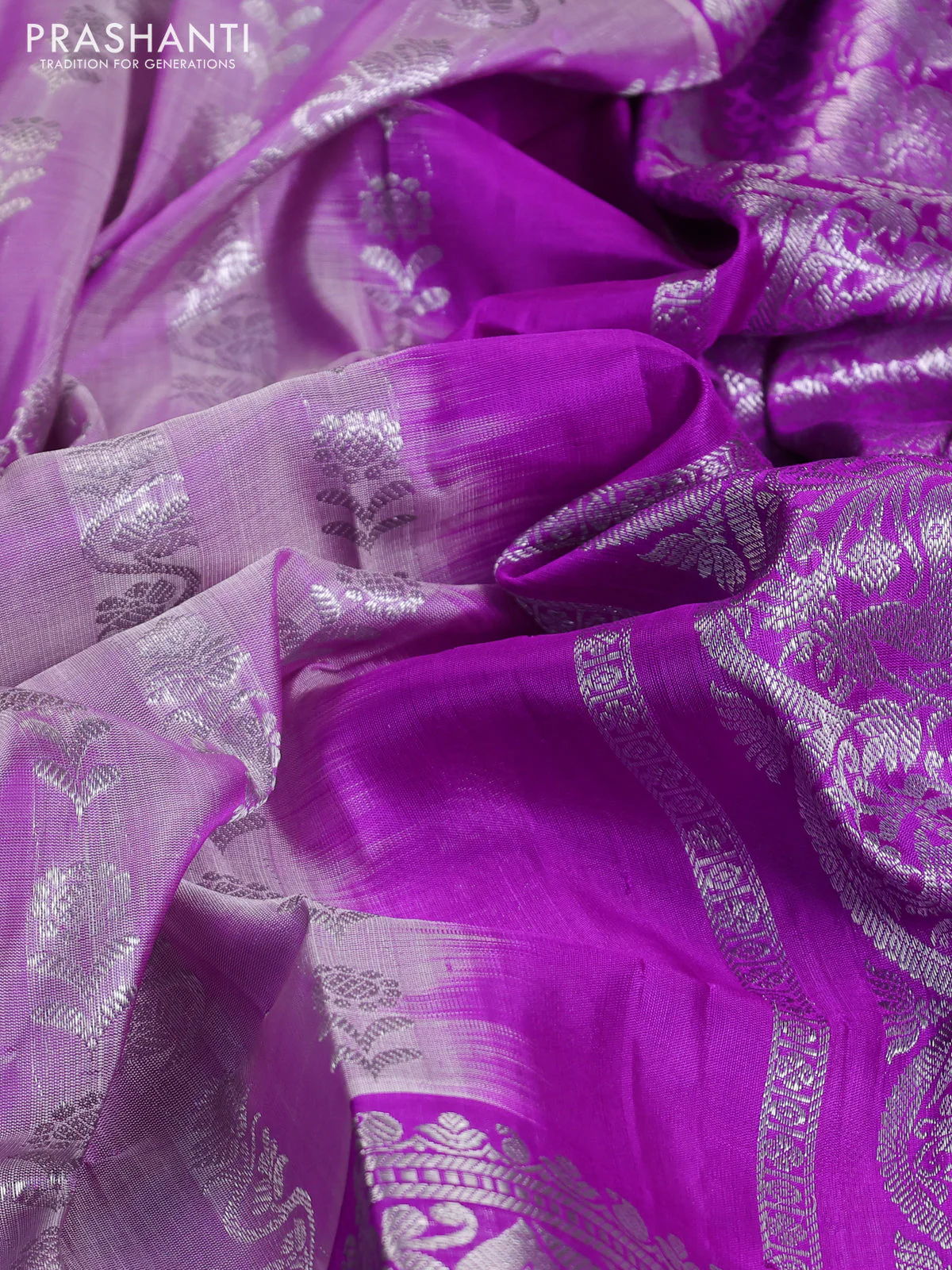 Venkatagiri silk saree lavender and purple with allover silver zari weaves and long silver zari woven border - Image 3