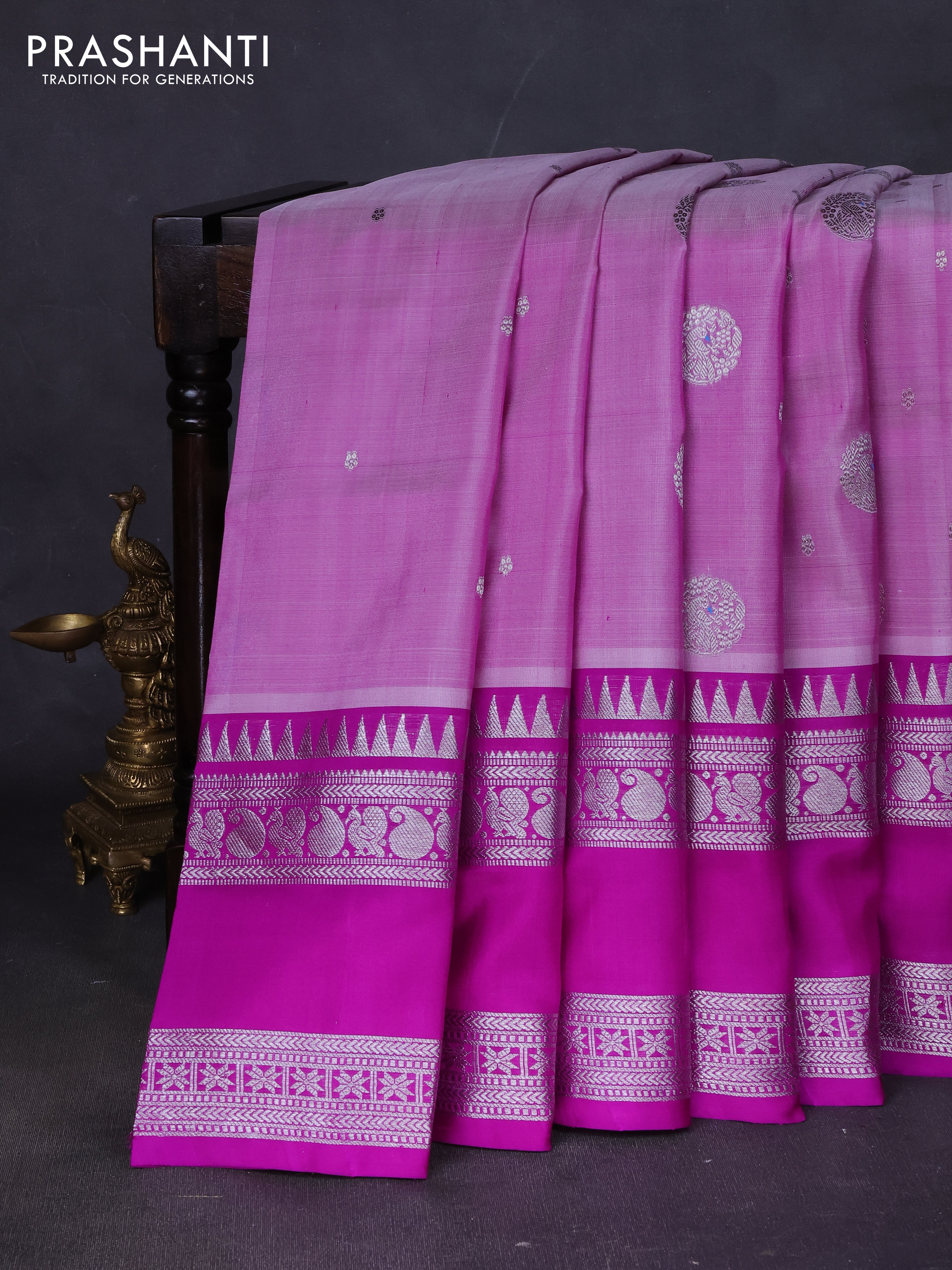 Venkatagiri silk saree lavender and purple with silver zari woven buttas and long rettapet zari woven border