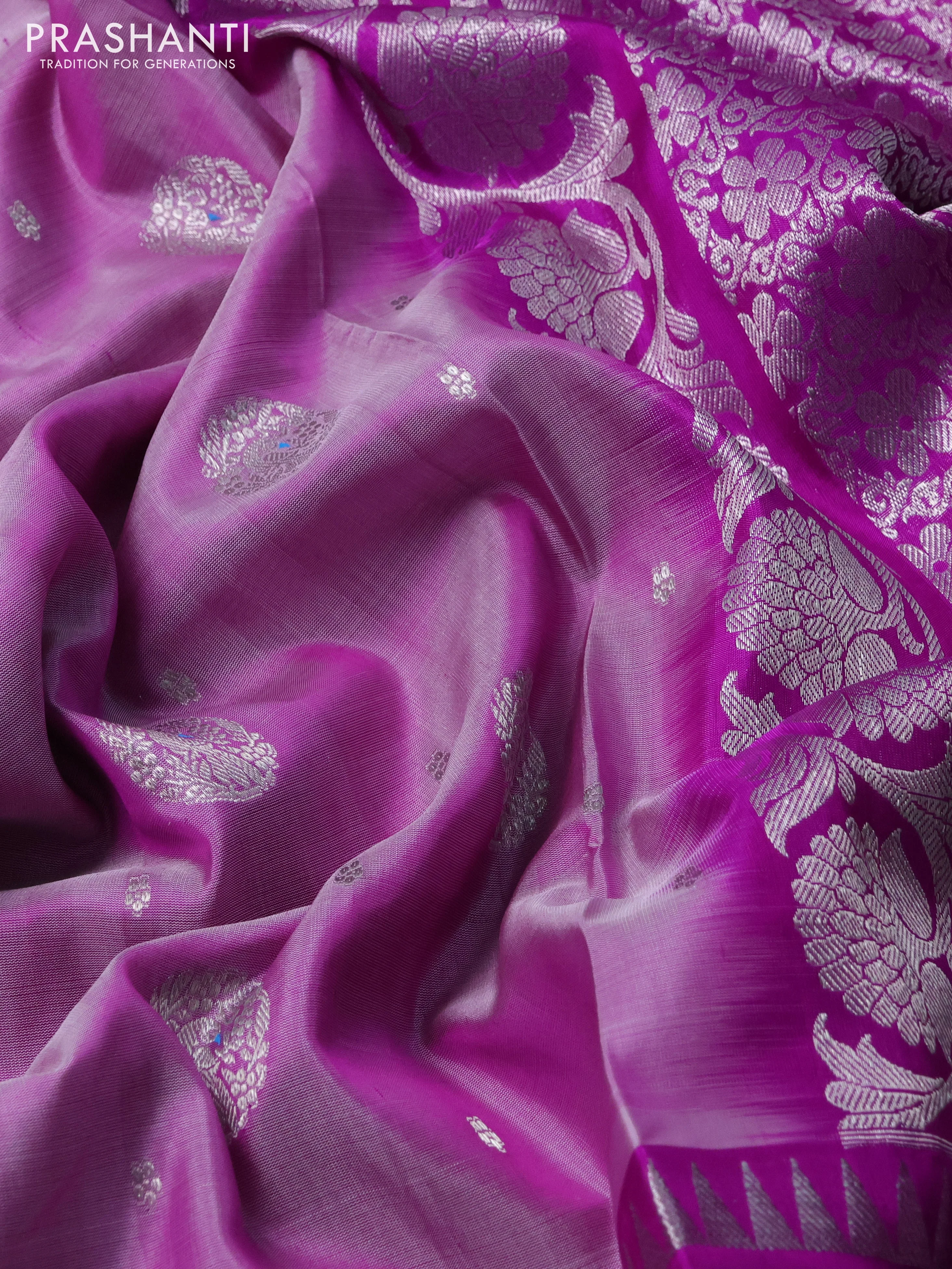 Venkatagiri silk saree lavender and purple with silver zari woven buttas and long rettapet zari woven border - Image 3