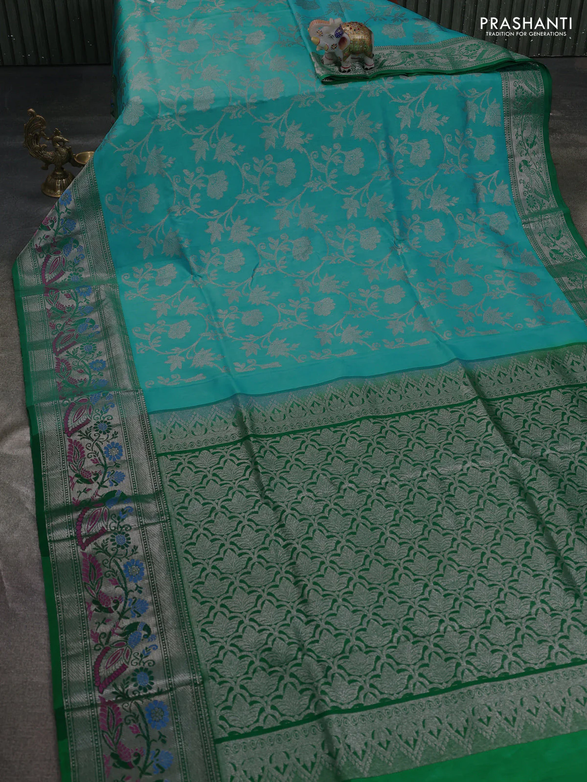 Venkatagiri silk saree light blue and green with allover silver zari weaves and silver zari woven peacock border - Image 2