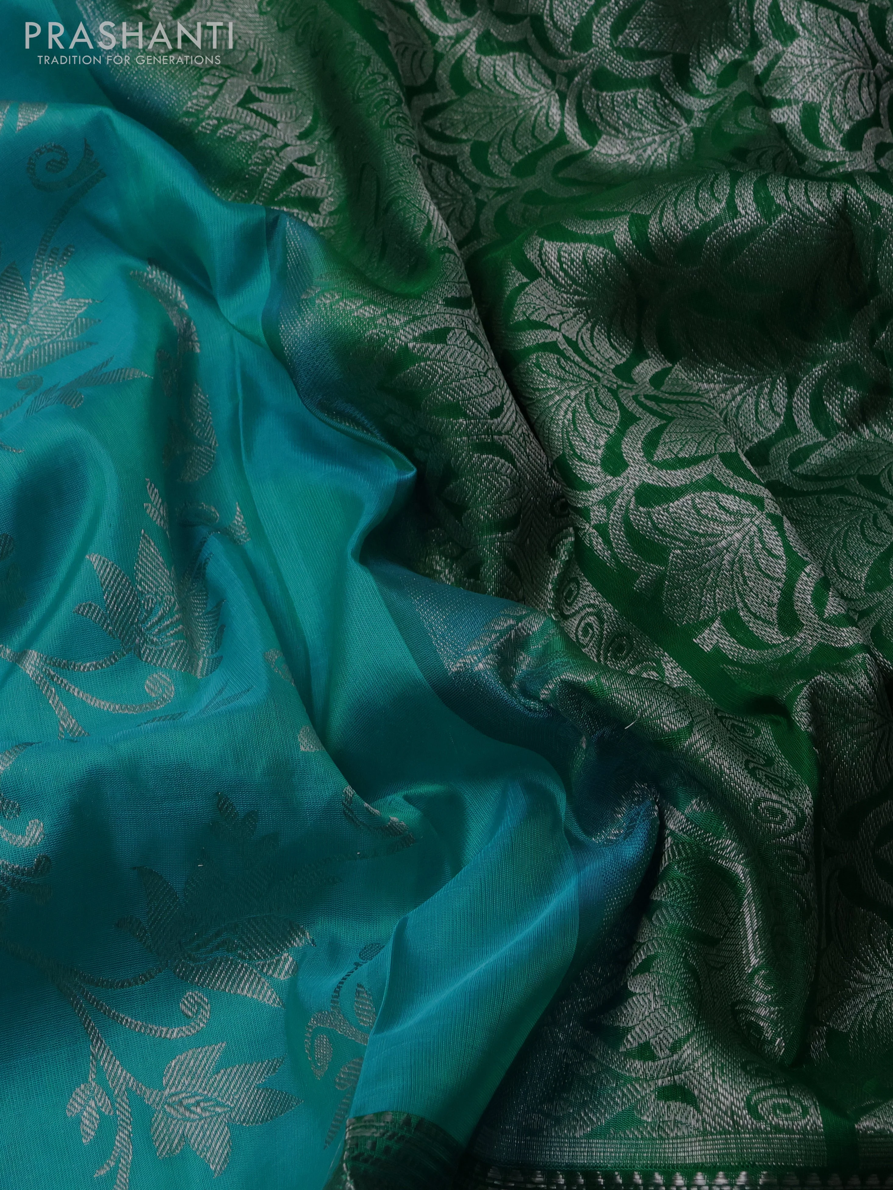 Venkatagiri silk saree light blue and green with allover silver zari weaves and silver zari woven peacock border - Image 3