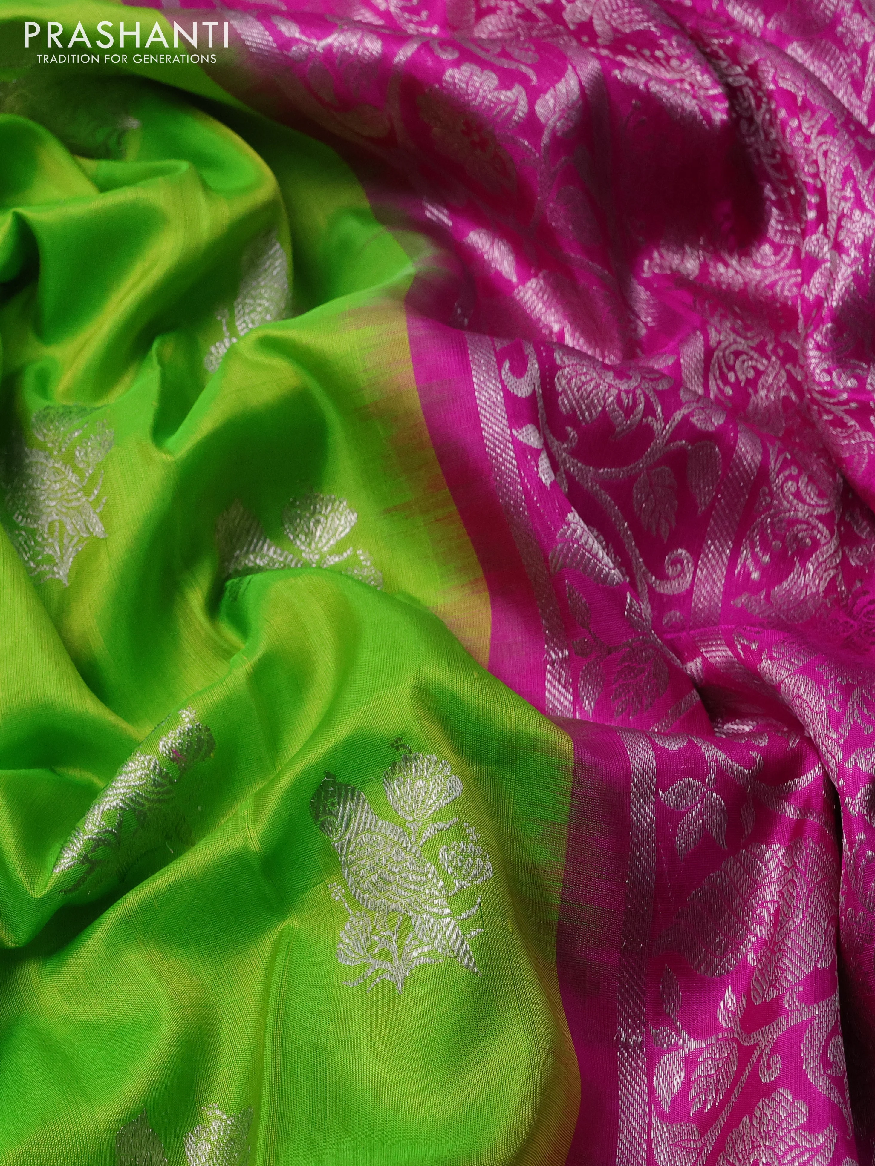 Venkatagiri silk saree light green and light pink with silver zari woven buttas and silver zari woven border - Image 3