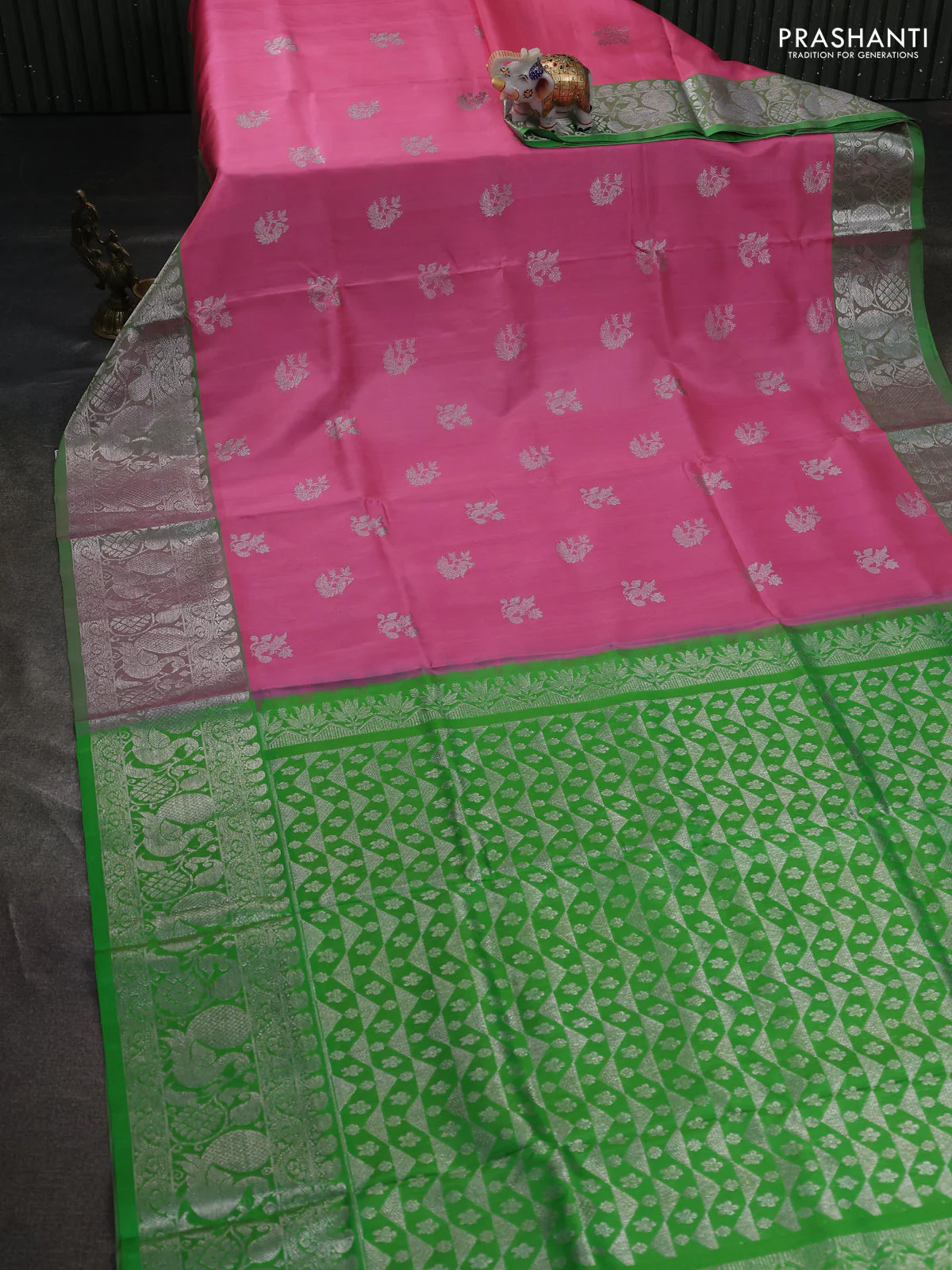 Venkatagiri silk saree light pink and light green with allover silver zari woven buttas and silver zari woven annam border - Image 2