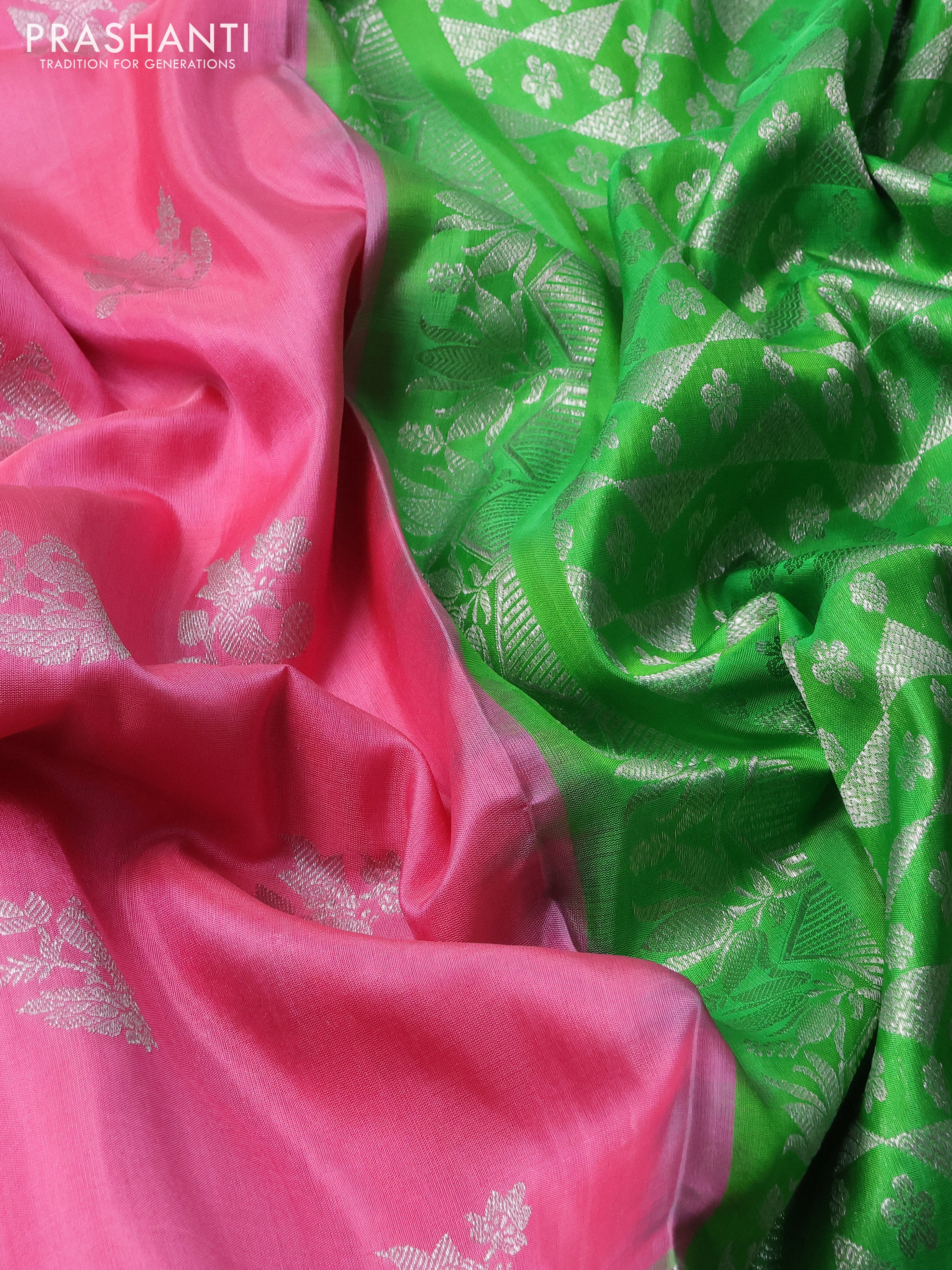 Venkatagiri silk saree light pink and light green with allover silver zari woven buttas and silver zari woven annam border - Image 3