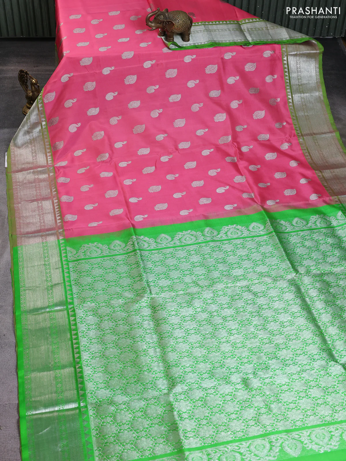Venkatagiri silk saree light pink and light green with silver zari woven buttas and silver zari woven border - Image 2