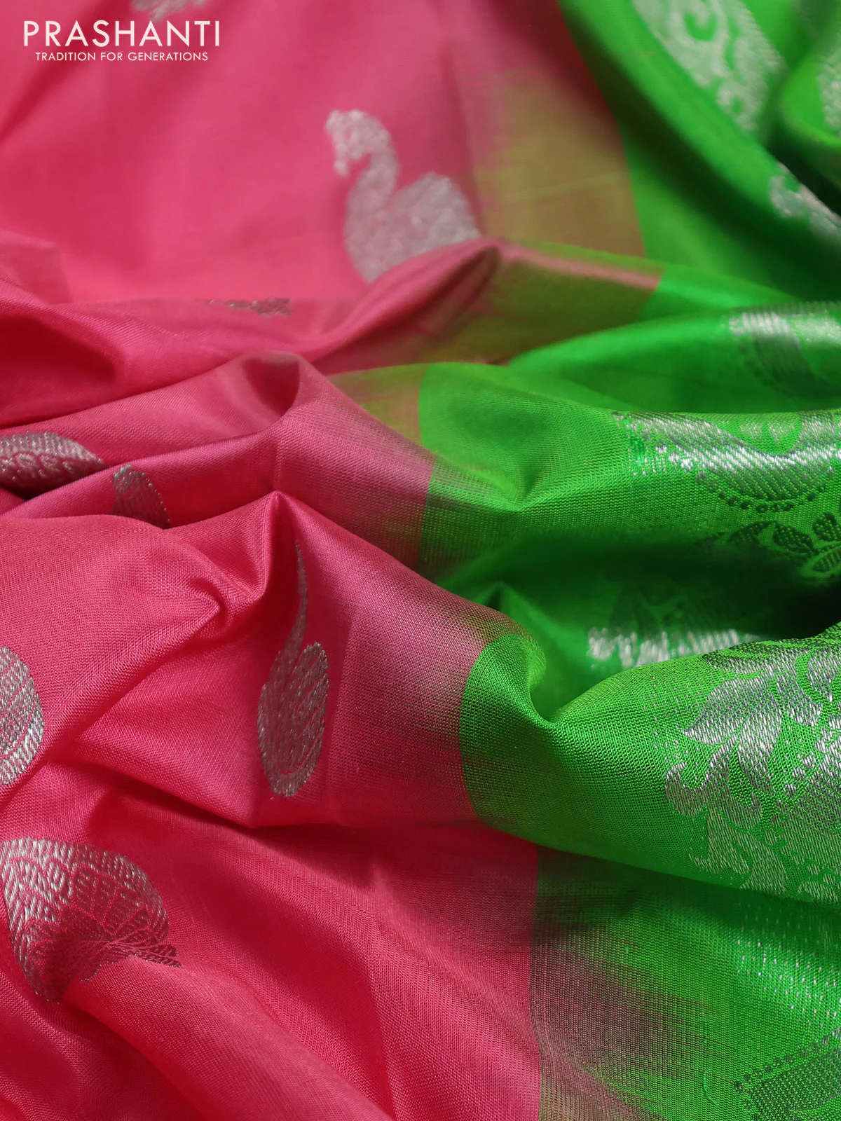 Venkatagiri silk saree light pink and light green with silver zari woven buttas and silver zari woven border - Image 3