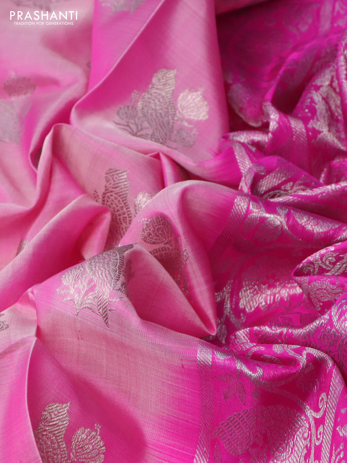 Venkatagiri silk saree light pink and pink with silver zari woven buttas and silver zari woven border - Image 3