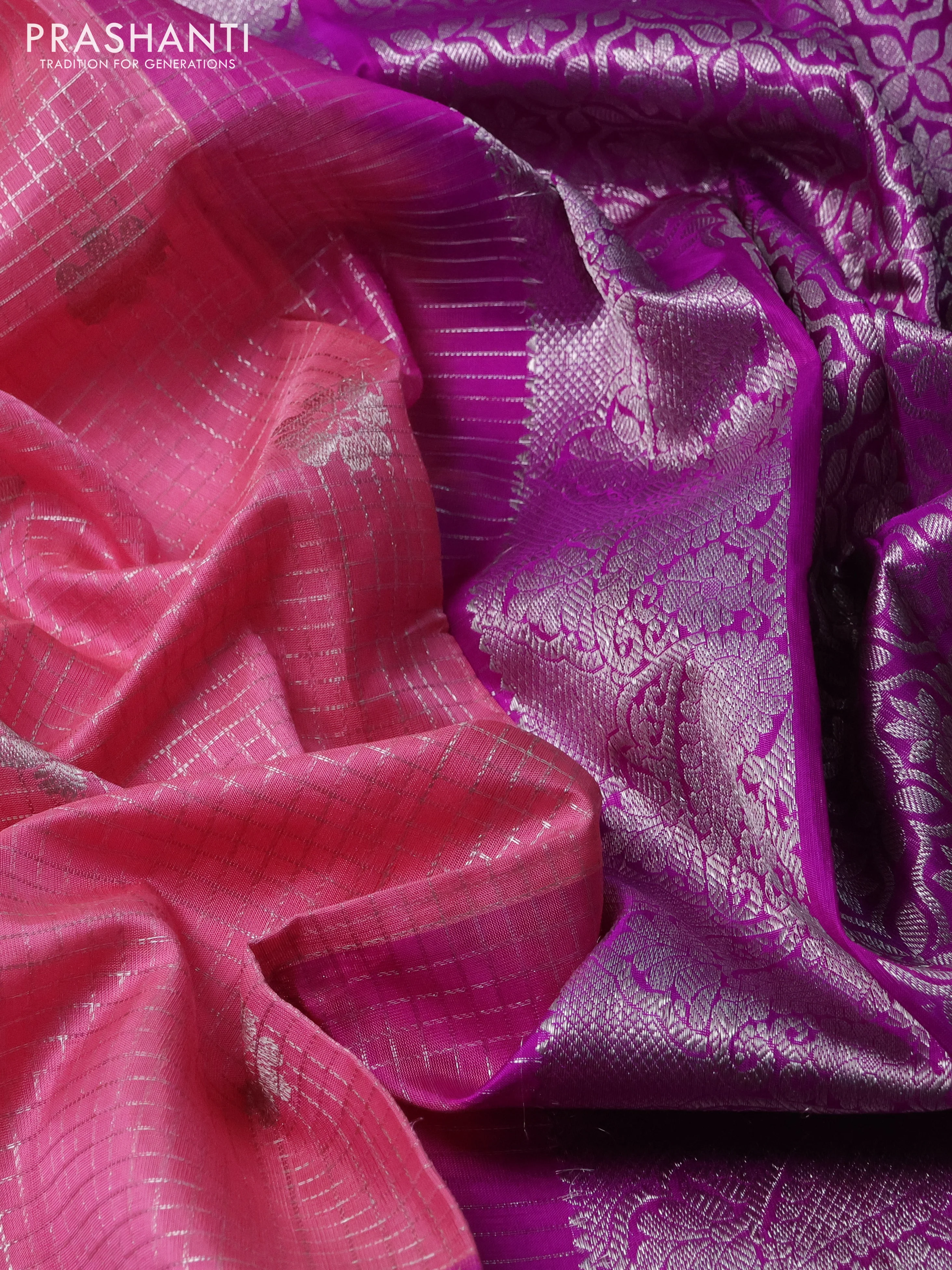 Venkatagiri silk saree light pink and purple with allover silver zari checks & buttas and long rettapet silver zari woven border - Image 3