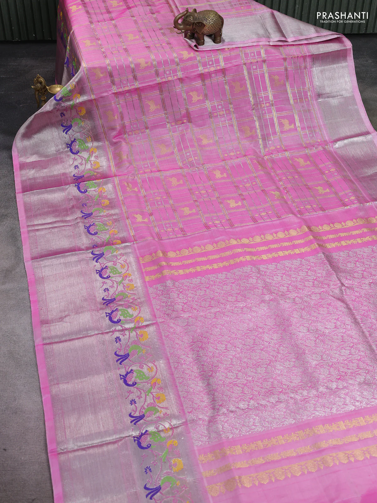 Venkatagiri silk saree light pink with allover zari checks & buttas and long silver zari woven border - Image 2