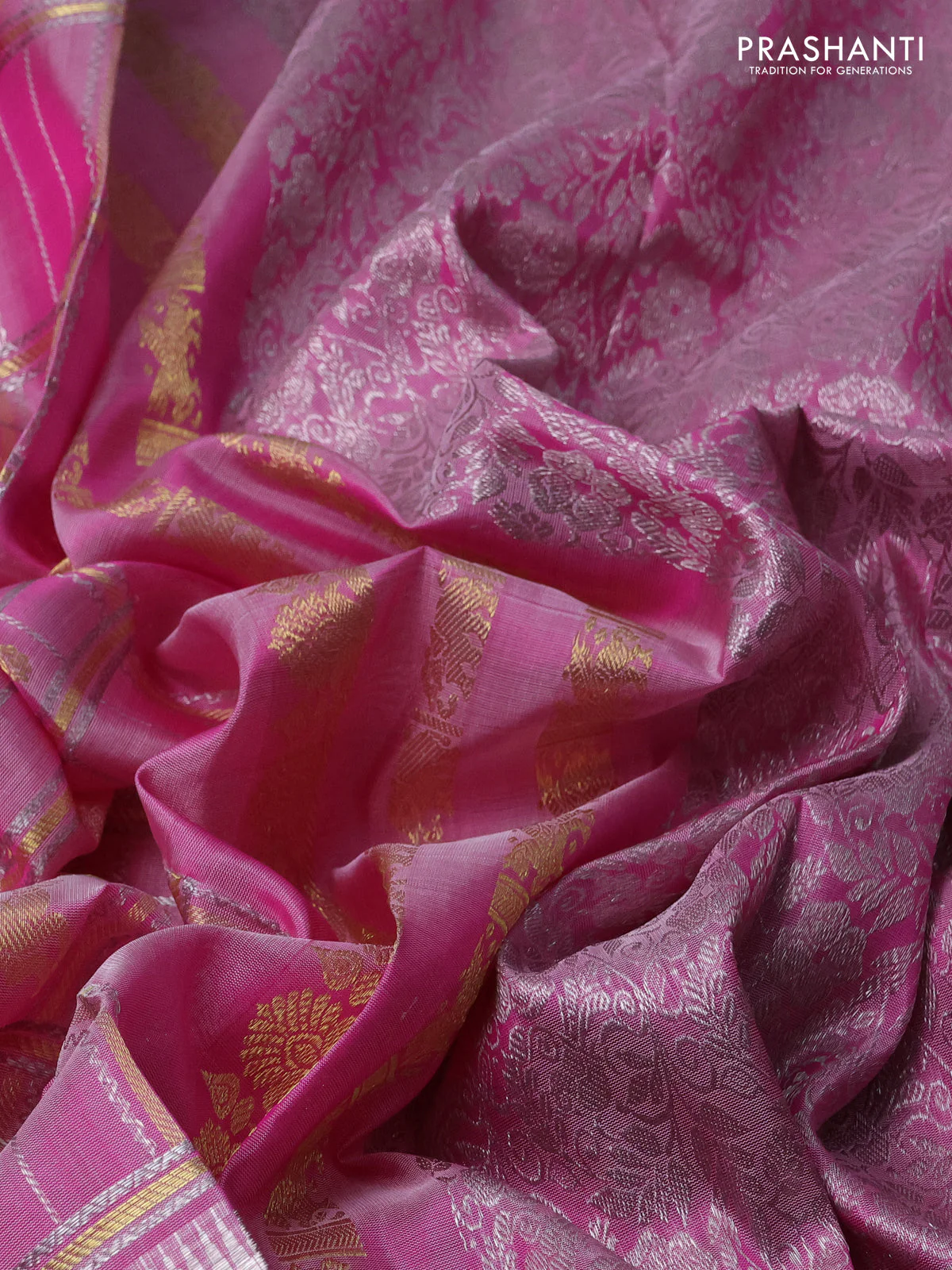 Venkatagiri silk saree light pink with allover zari checks & buttas and long silver zari woven border - Image 3