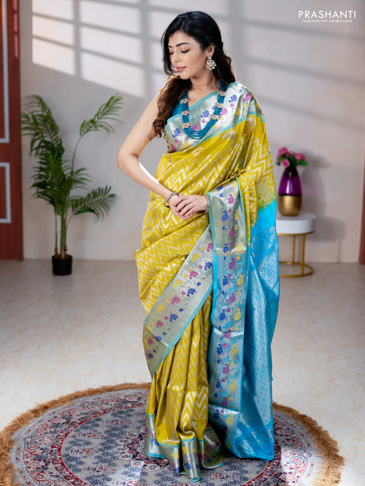 Venkatagiri silk saree lime yellow and light blue with allover zig zag silver zari weaves and silver zari woven floral design border