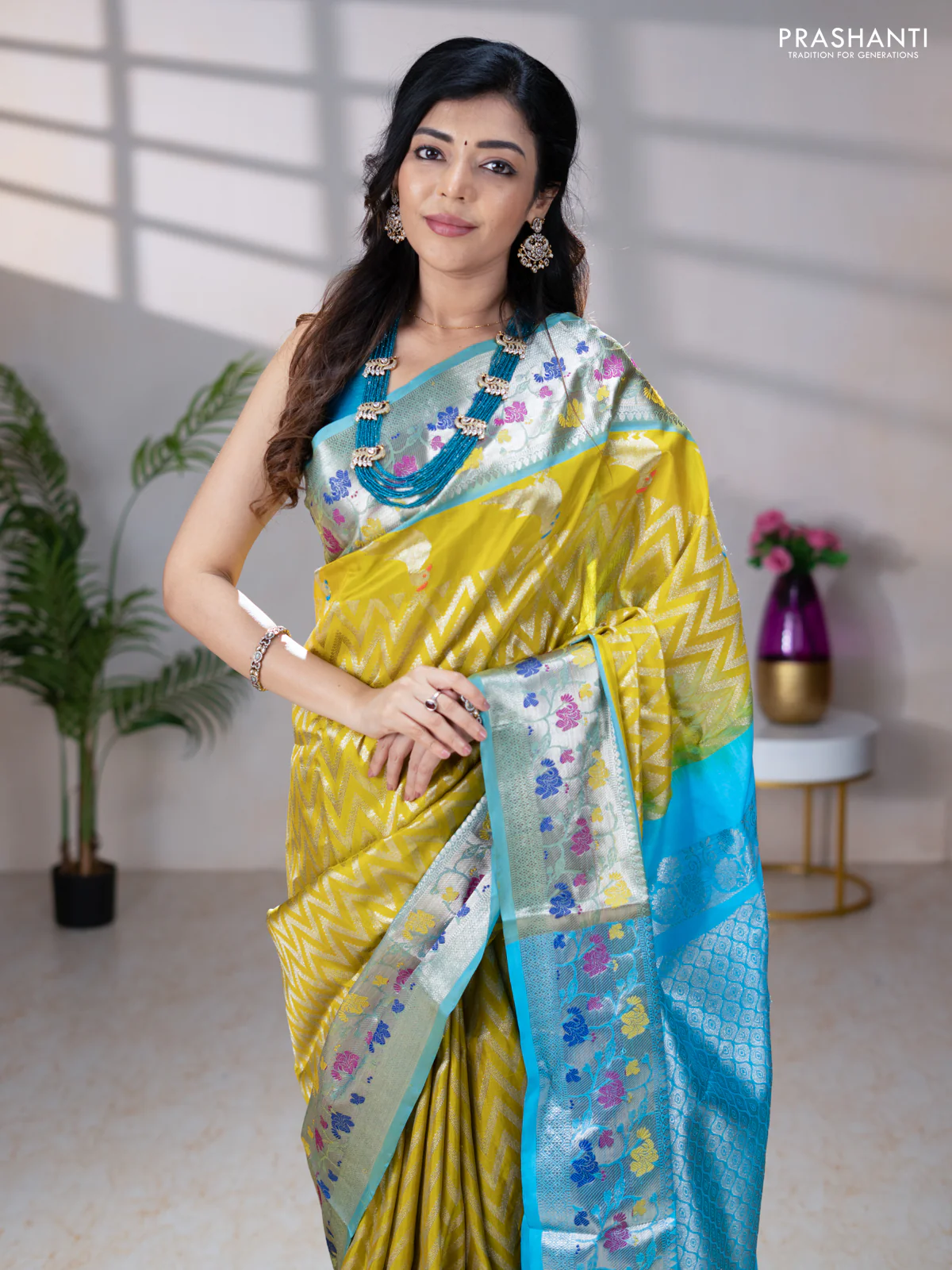 Venkatagiri silk saree lime yellow and light blue with allover zig zag silver zari weaves and silver zari woven floral design border - Image 2