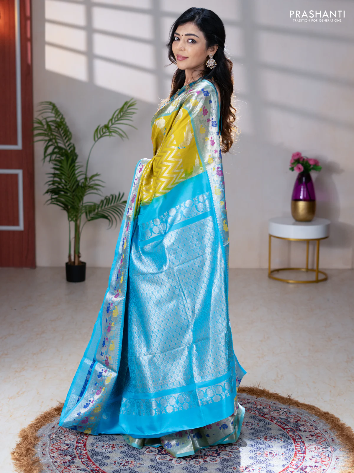 Venkatagiri silk saree lime yellow and light blue with allover zig zag silver zari weaves and silver zari woven floral design border - Image 3