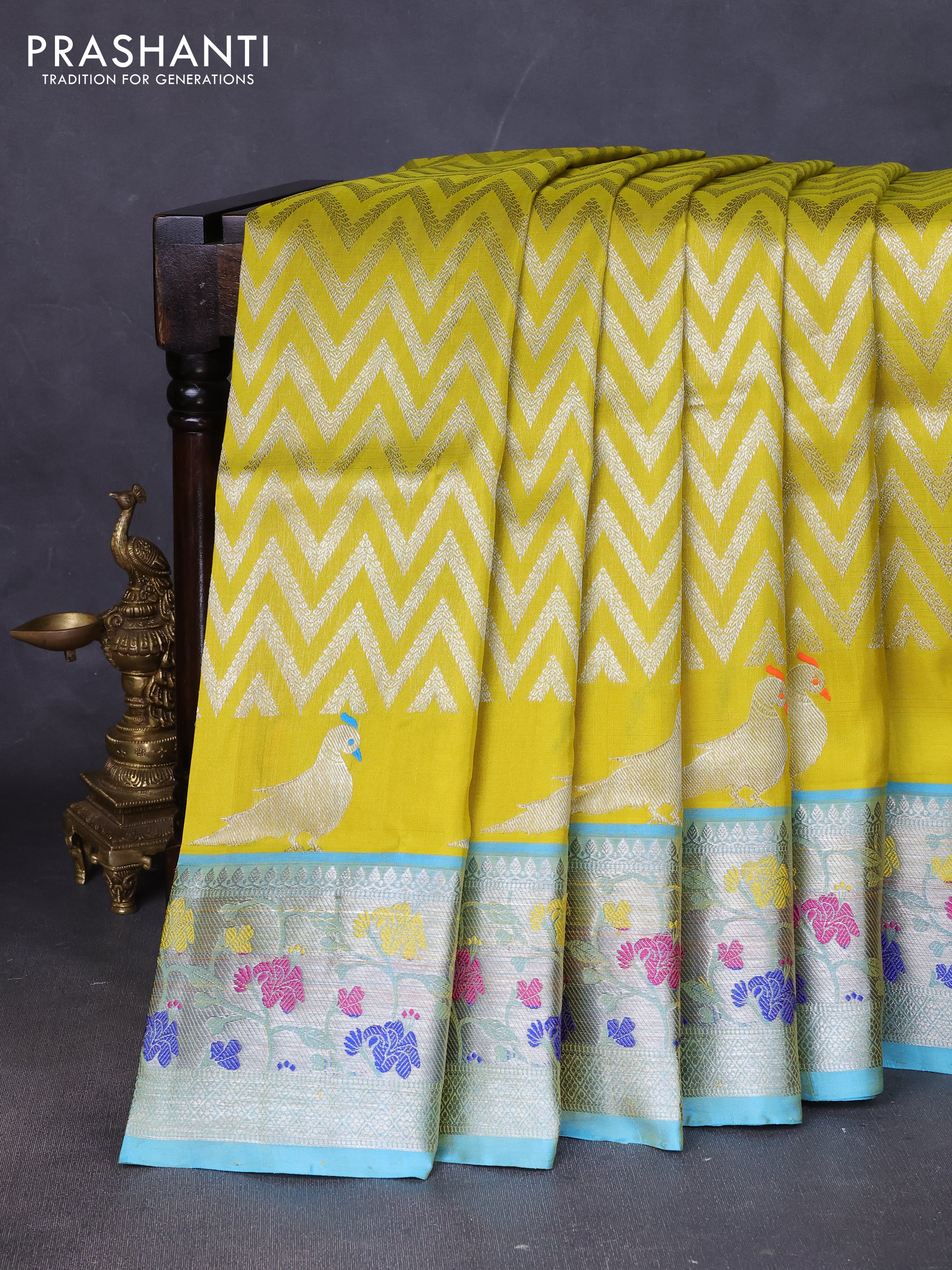 Venkatagiri silk saree lime yellow and light blue with allover zig zag silver zari weaves and silver zari woven floral design border - Image 5