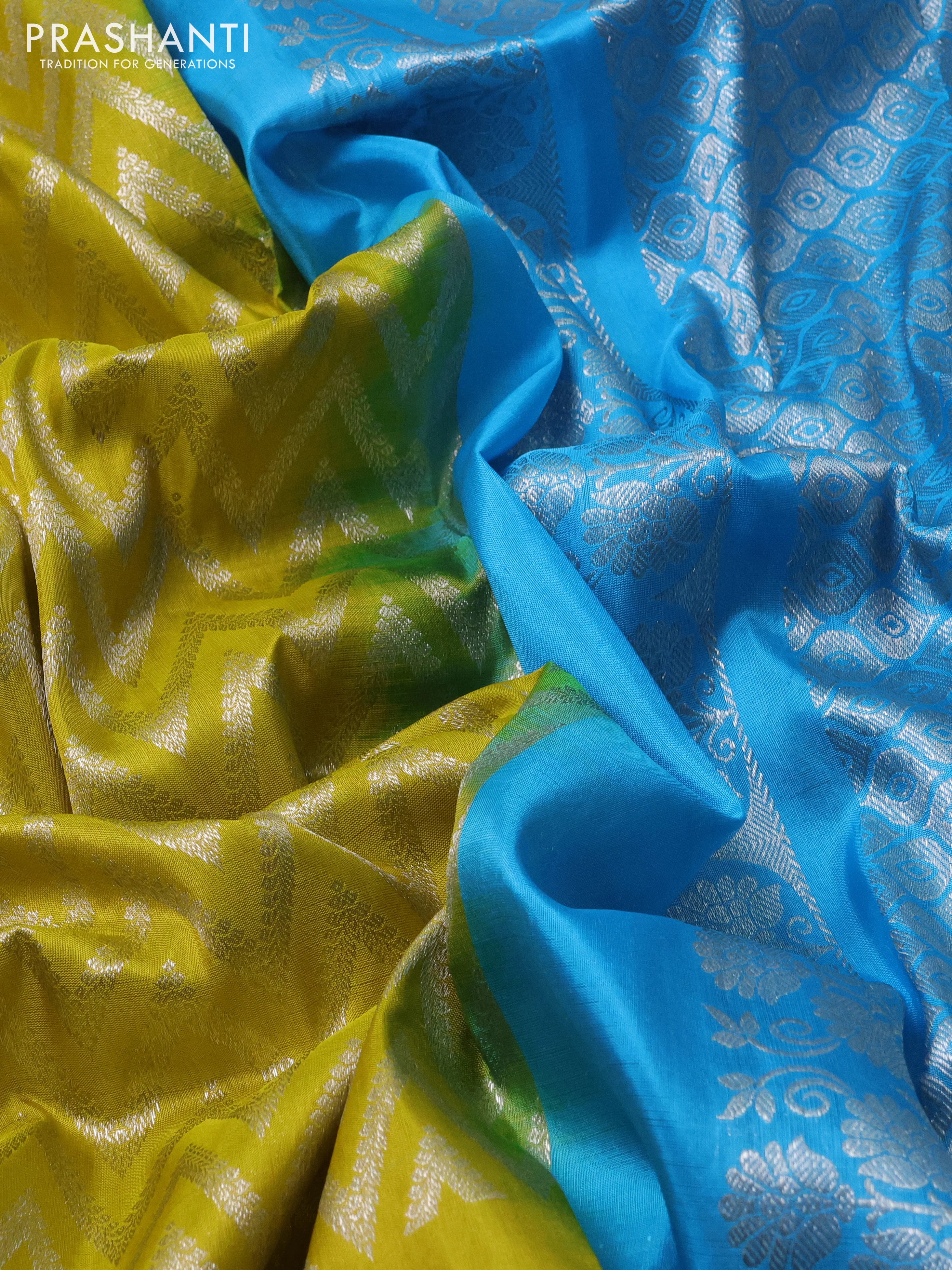 Venkatagiri silk saree lime yellow and light blue with allover zig zag silver zari weaves and silver zari woven floral design border - Image 7