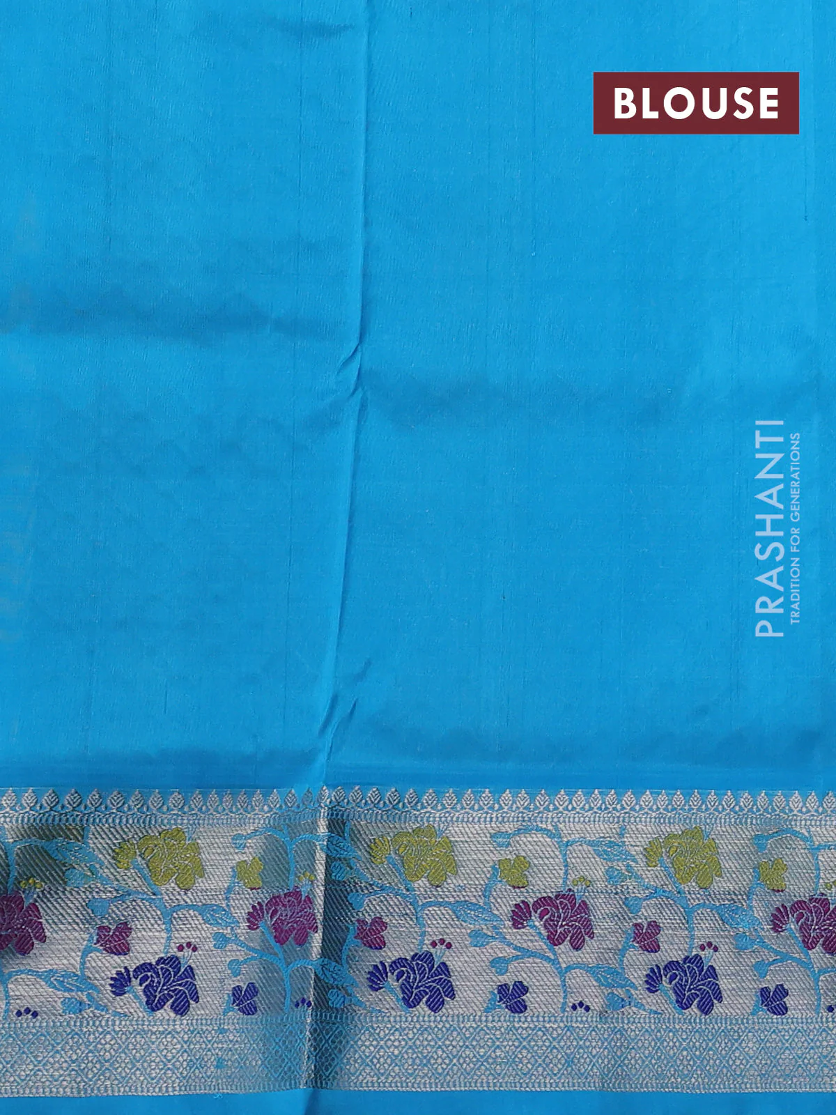 Venkatagiri silk saree lime yellow and light blue with allover zig zag silver zari weaves and silver zari woven floral design border - Image 8