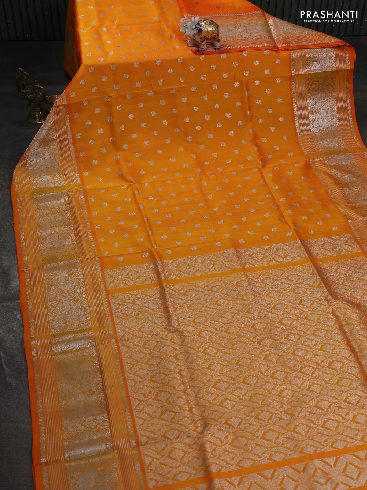 Venkatagiri silk saree mango yellow with allover silver zari woven buttas and long silver zari woven border - Image 2