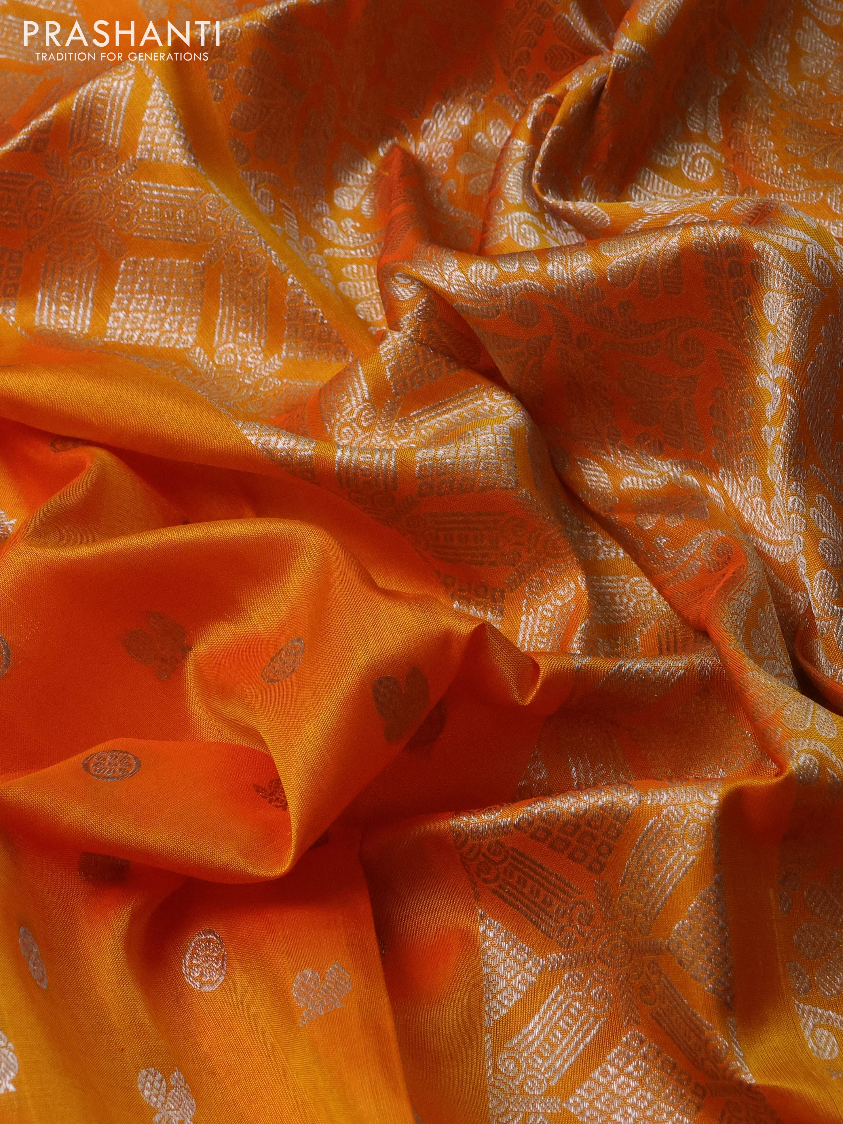 Venkatagiri silk saree mango yellow with allover silver zari woven buttas and long silver zari woven border - Image 3