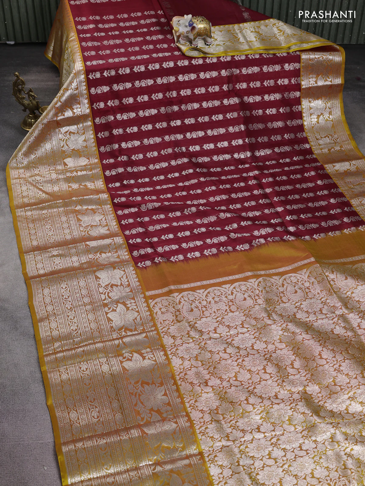 Venkatagiri silk saree maroon and mustard shade with allover silver zari weaves and long silver zari woven border - Image 2
