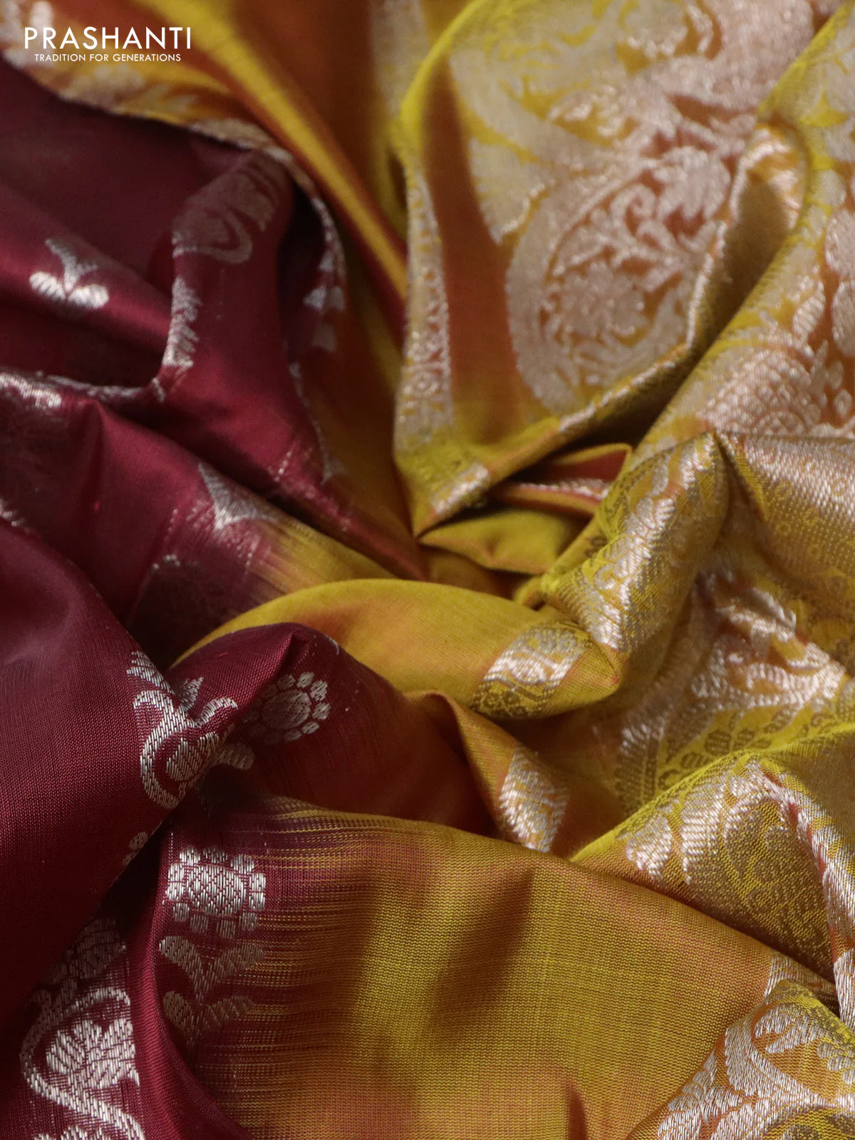 Venkatagiri silk saree maroon and mustard shade with allover silver zari weaves and long silver zari woven border - Image 3