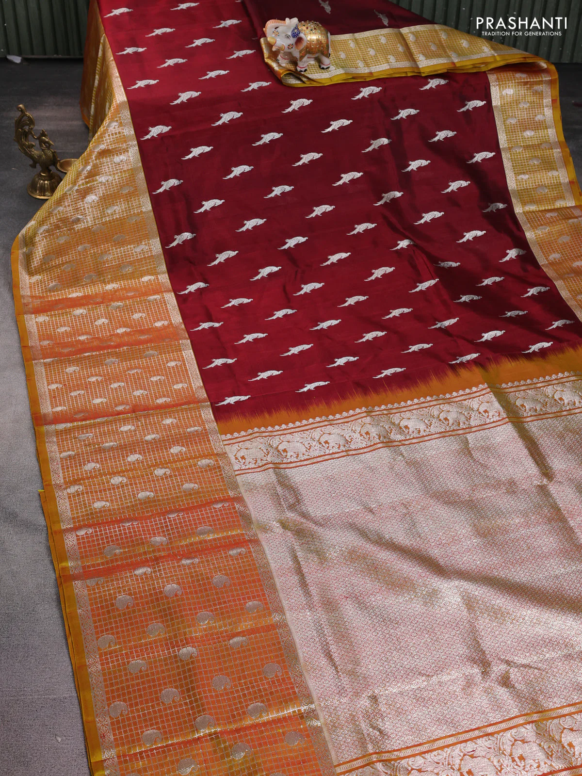 Venkatagiri silk saree maroon and yellow shade with silver zari woven buttas and long silver zari checked border - Image 2