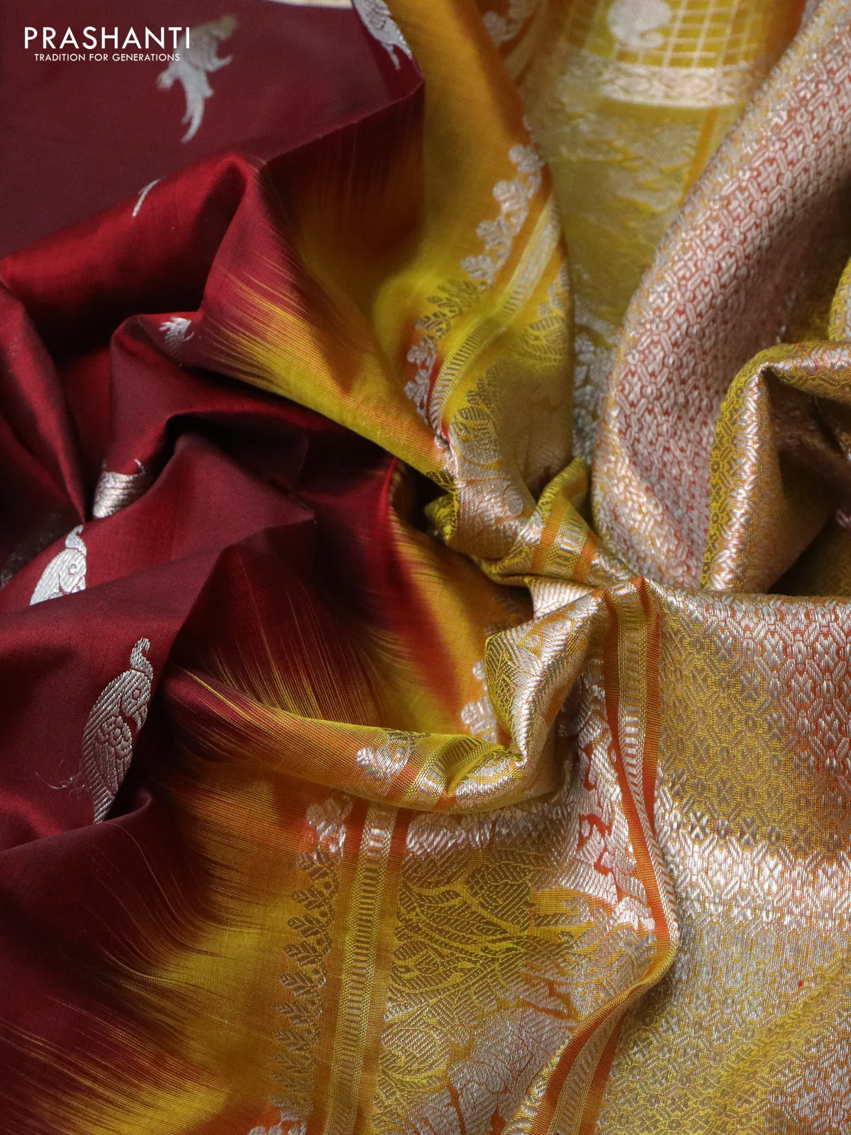 Venkatagiri silk saree maroon and yellow shade with silver zari woven buttas and long silver zari checked border - Image 3
