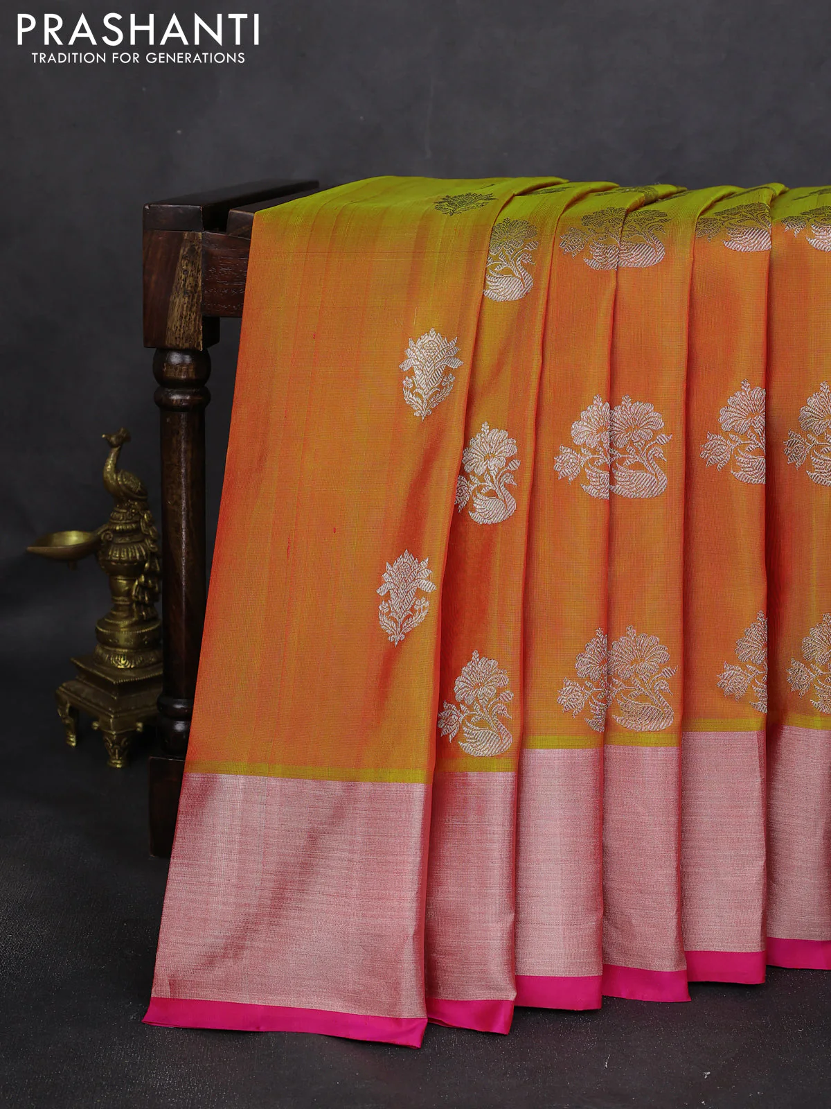 Venkatagiri silk saree mustard yellow and pink with silver zari woven buttas and silver zari woven border