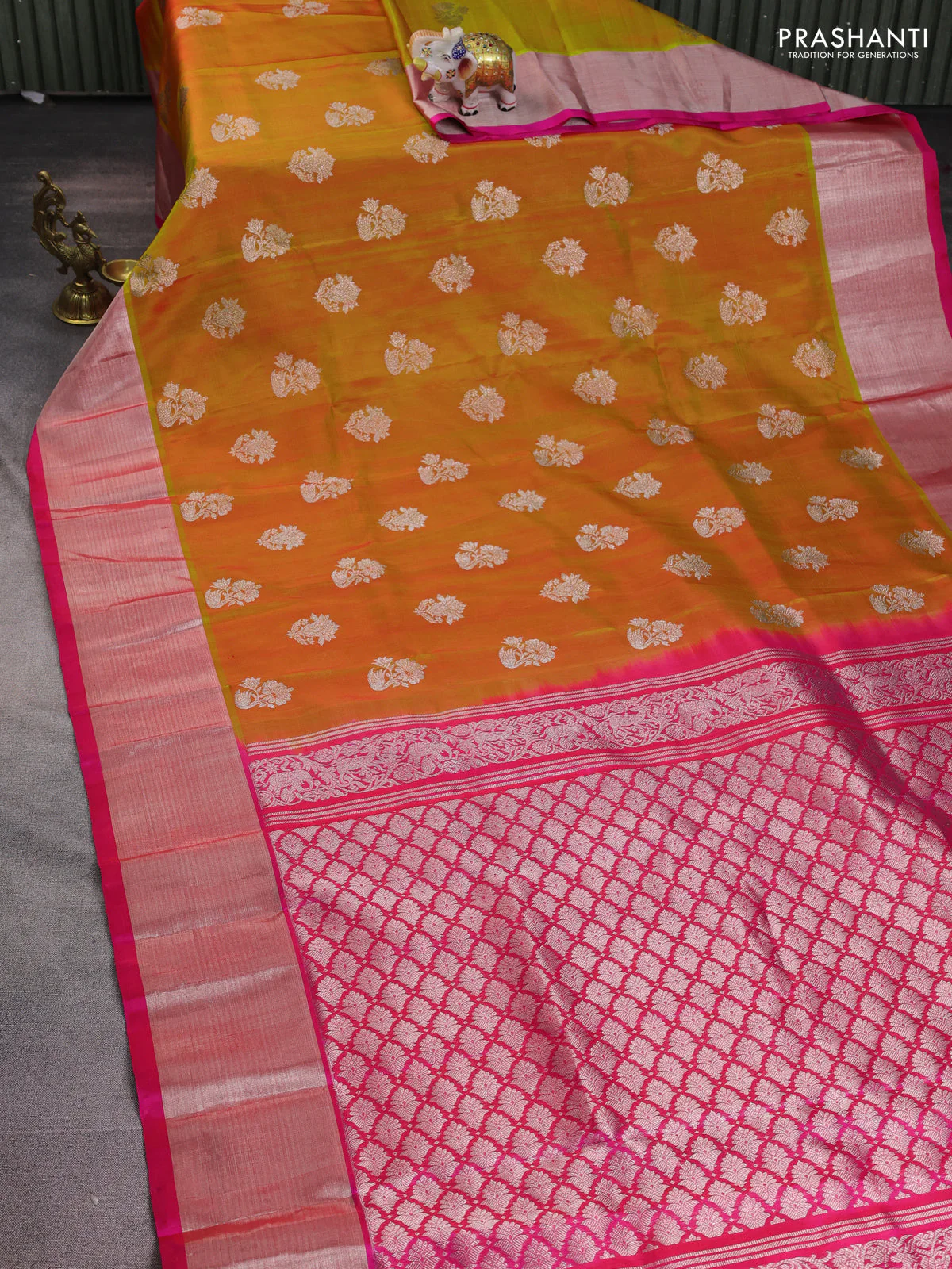 Venkatagiri silk saree mustard yellow and pink with silver zari woven buttas and silver zari woven border - Image 2