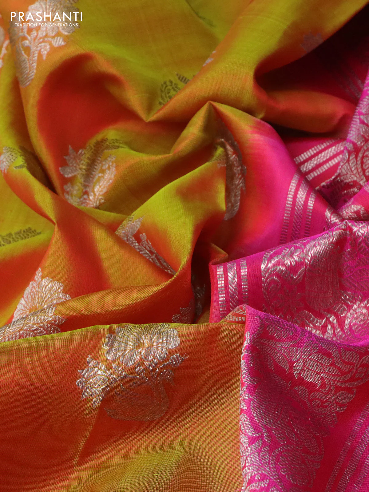 Venkatagiri silk saree mustard yellow and pink with silver zari woven buttas and silver zari woven border - Image 3