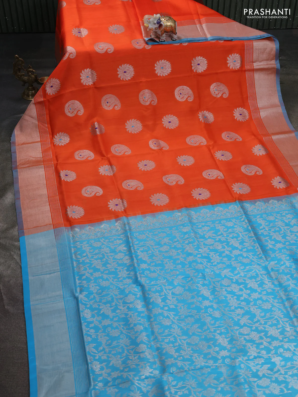 Venkatagiri silk saree orange and light blue with silver zari woven buttas and silver zari woven border - Image 2