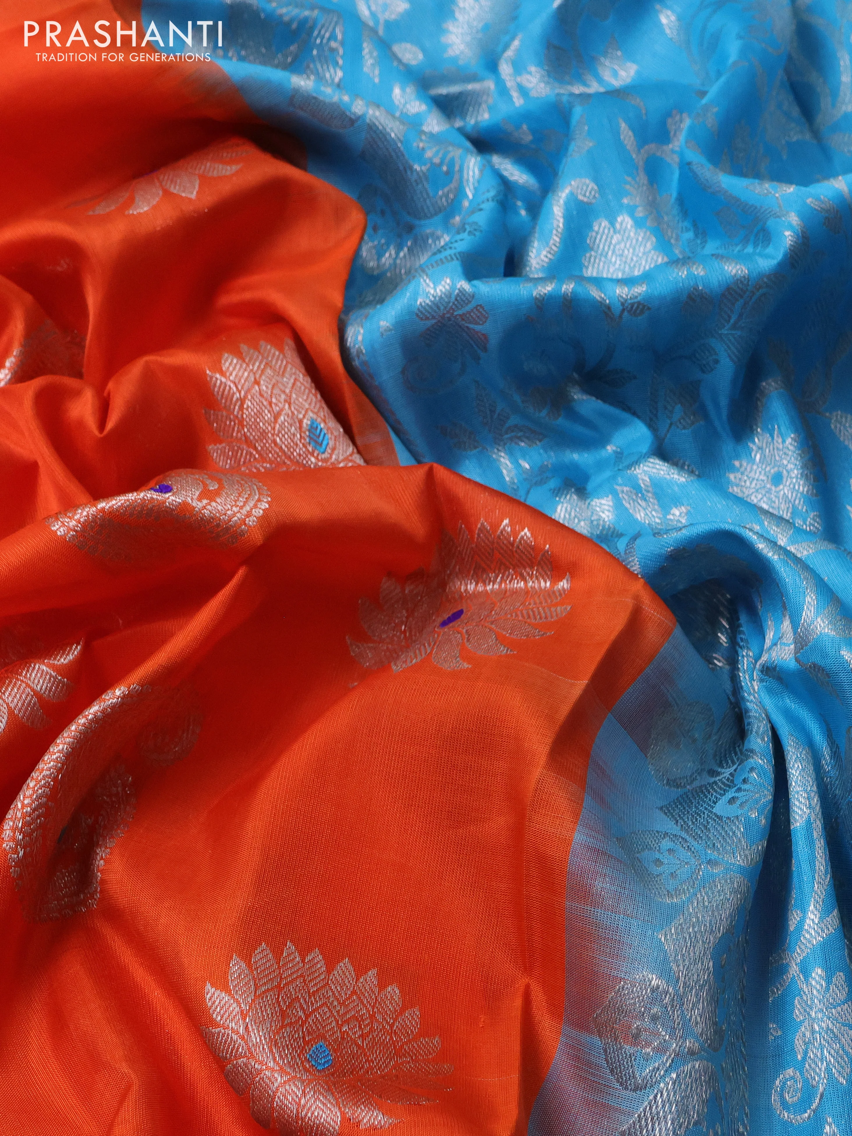 Venkatagiri silk saree orange and light blue with silver zari woven buttas and silver zari woven border - Image 3