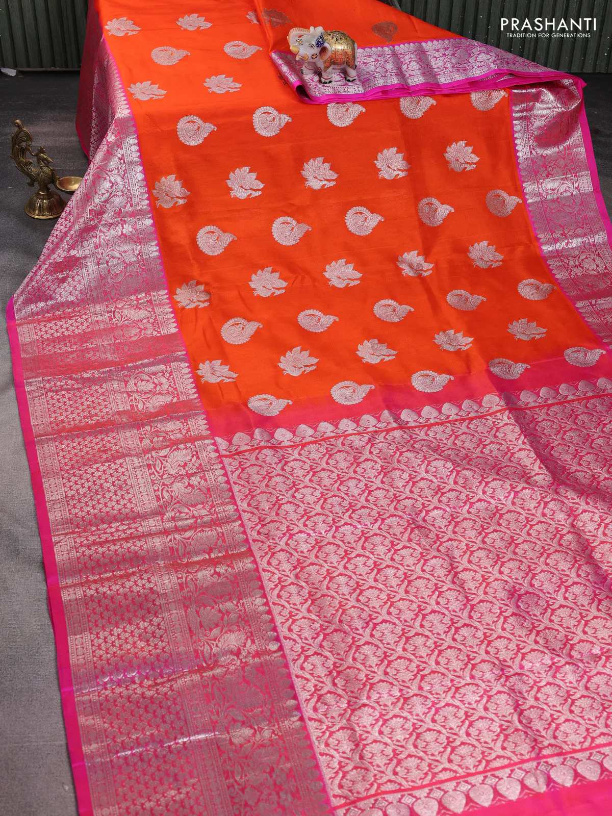 Venkatagiri silk saree orange and pink with silver zari woven buttas and long silver zari woven border - Image 2