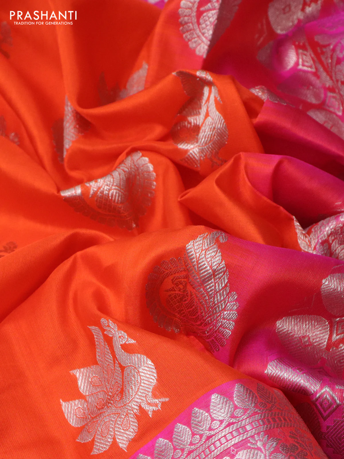 Venkatagiri silk saree orange and pink with silver zari woven buttas and long silver zari woven border - Image 3
