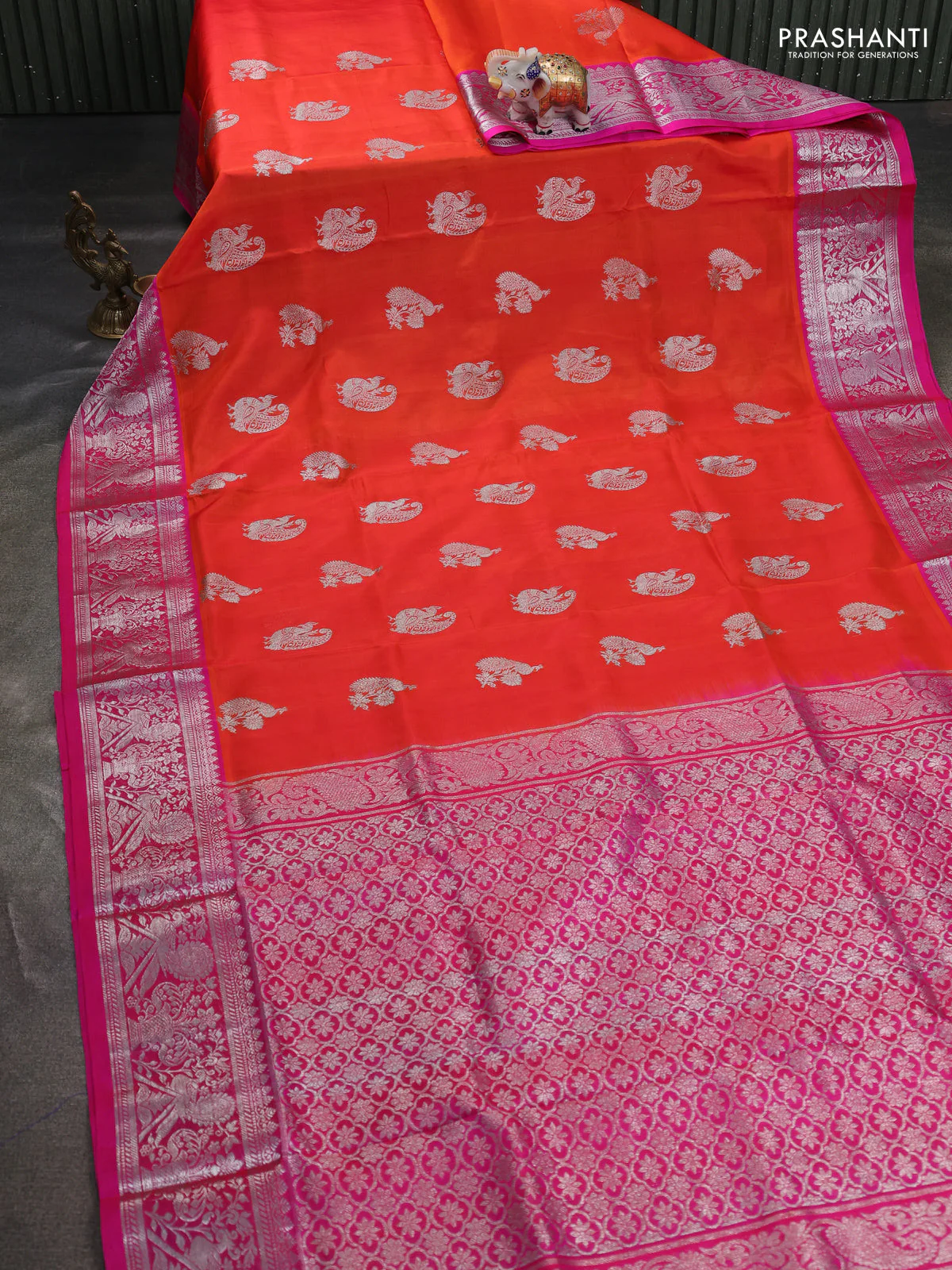 Venkatagiri silk saree orange and pink with silver zari woven peacock buttas and silver zari woven border - Image 2