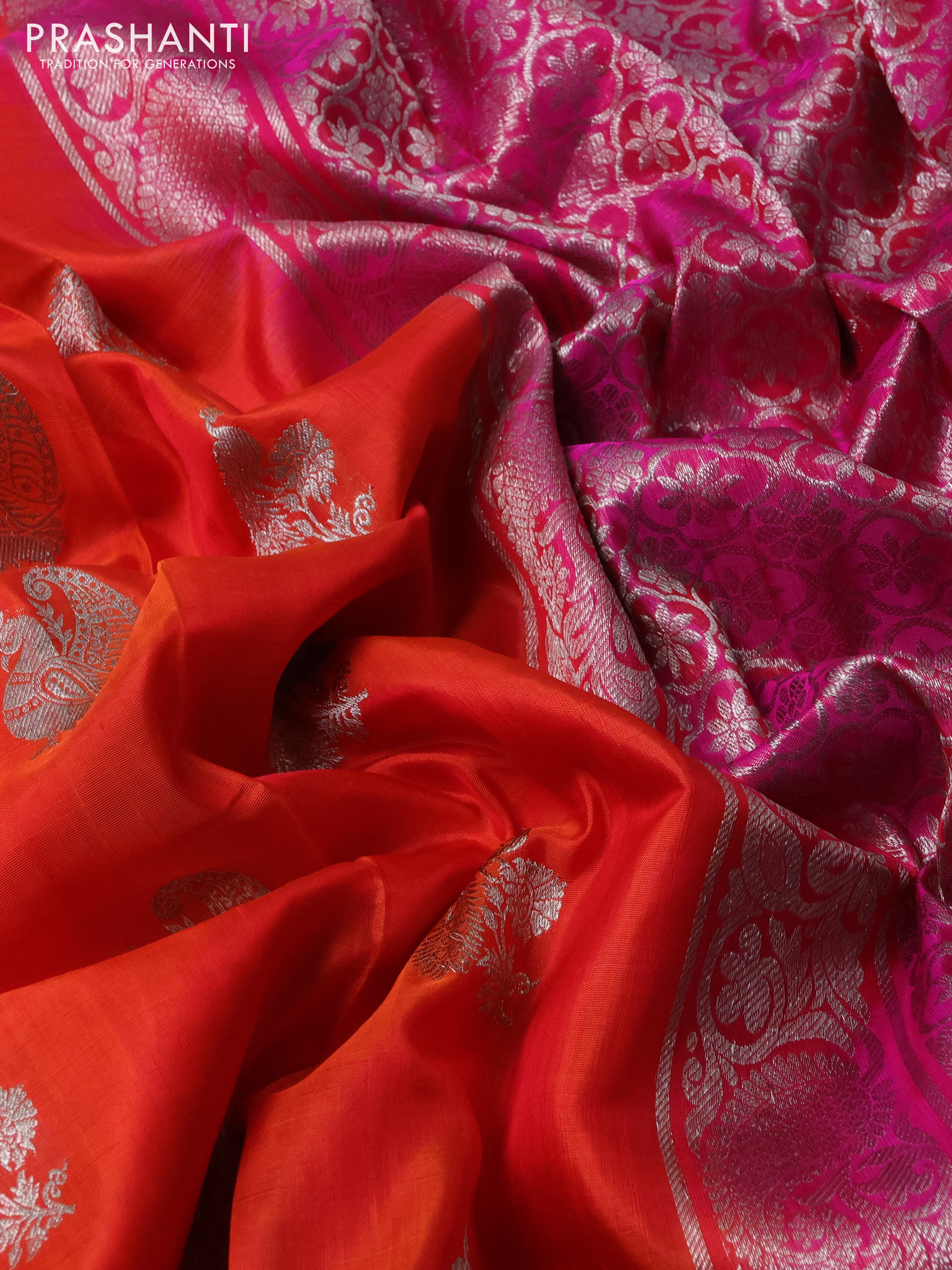 Venkatagiri silk saree orange and pink with silver zari woven peacock buttas and silver zari woven border - Image 3