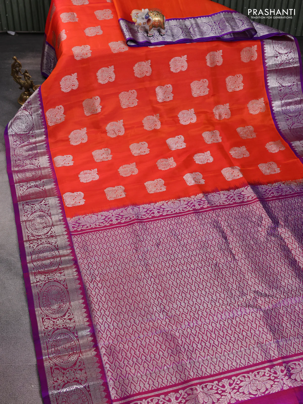 Venkatagiri silk saree orange and purple with silver zari woven buttas and silver zari woven border - Image 2