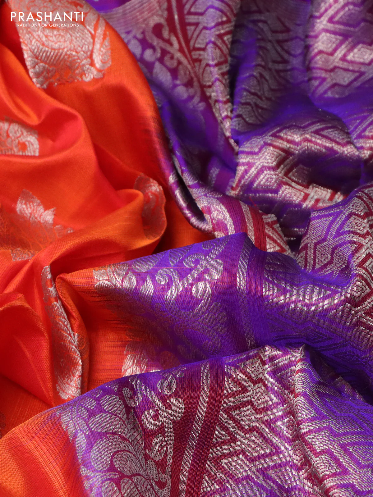 Venkatagiri silk saree orange and purple with silver zari woven buttas and silver zari woven border - Image 3