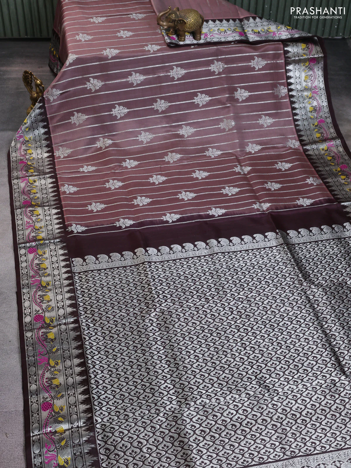 Venkatagiri silk saree pastel brown and coffee brown with allover silver zari weaves and silver zari woven border - Image 2