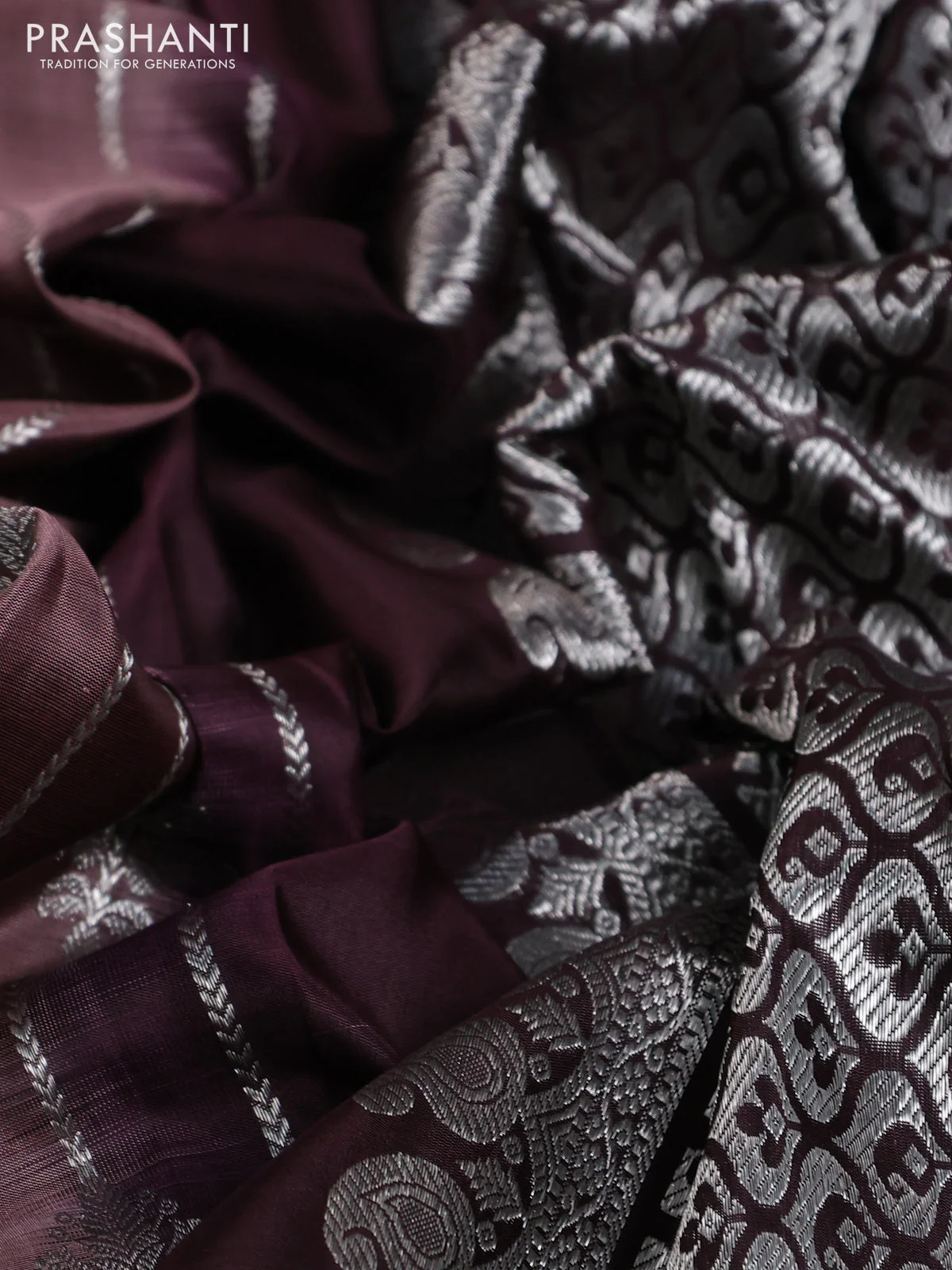 Venkatagiri silk saree pastel brown and coffee brown with allover silver zari weaves and silver zari woven border - Image 3