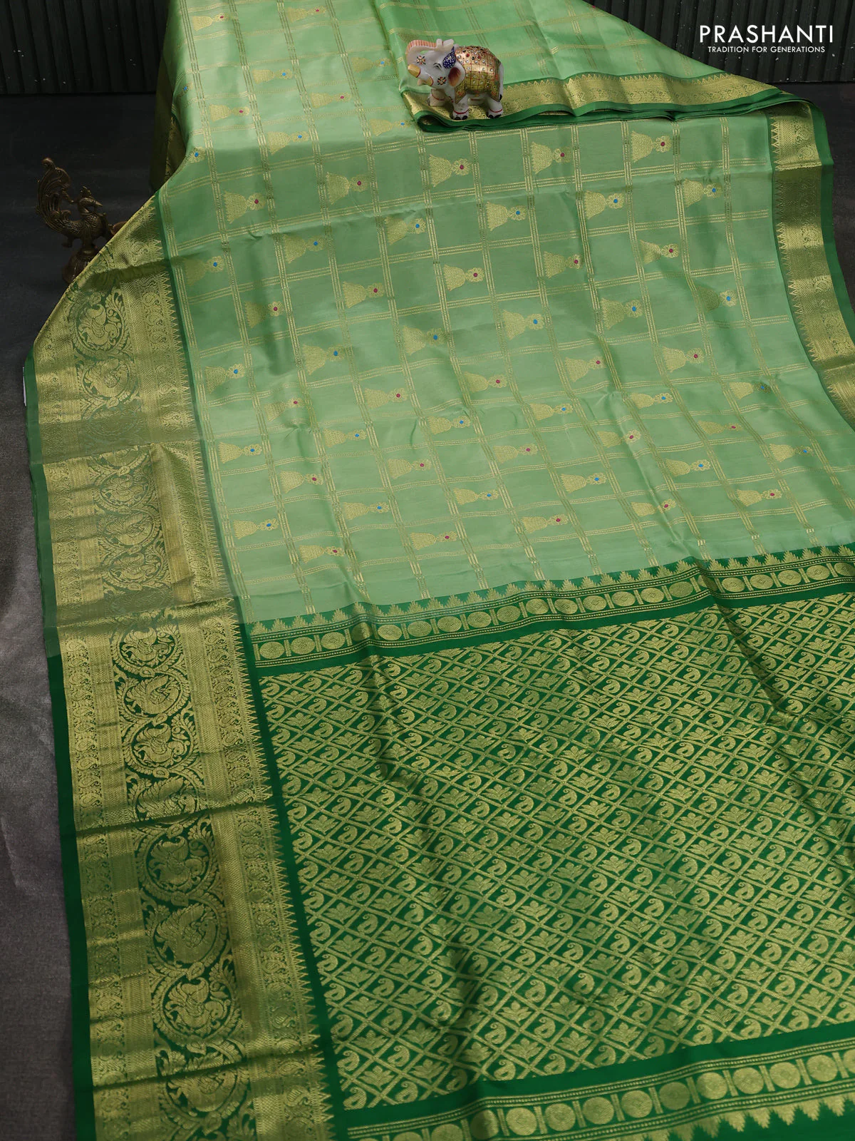 Venkatagiri silk saree pastel green and green with allover zari checks & buttas and long zari woven annam border - Image 2