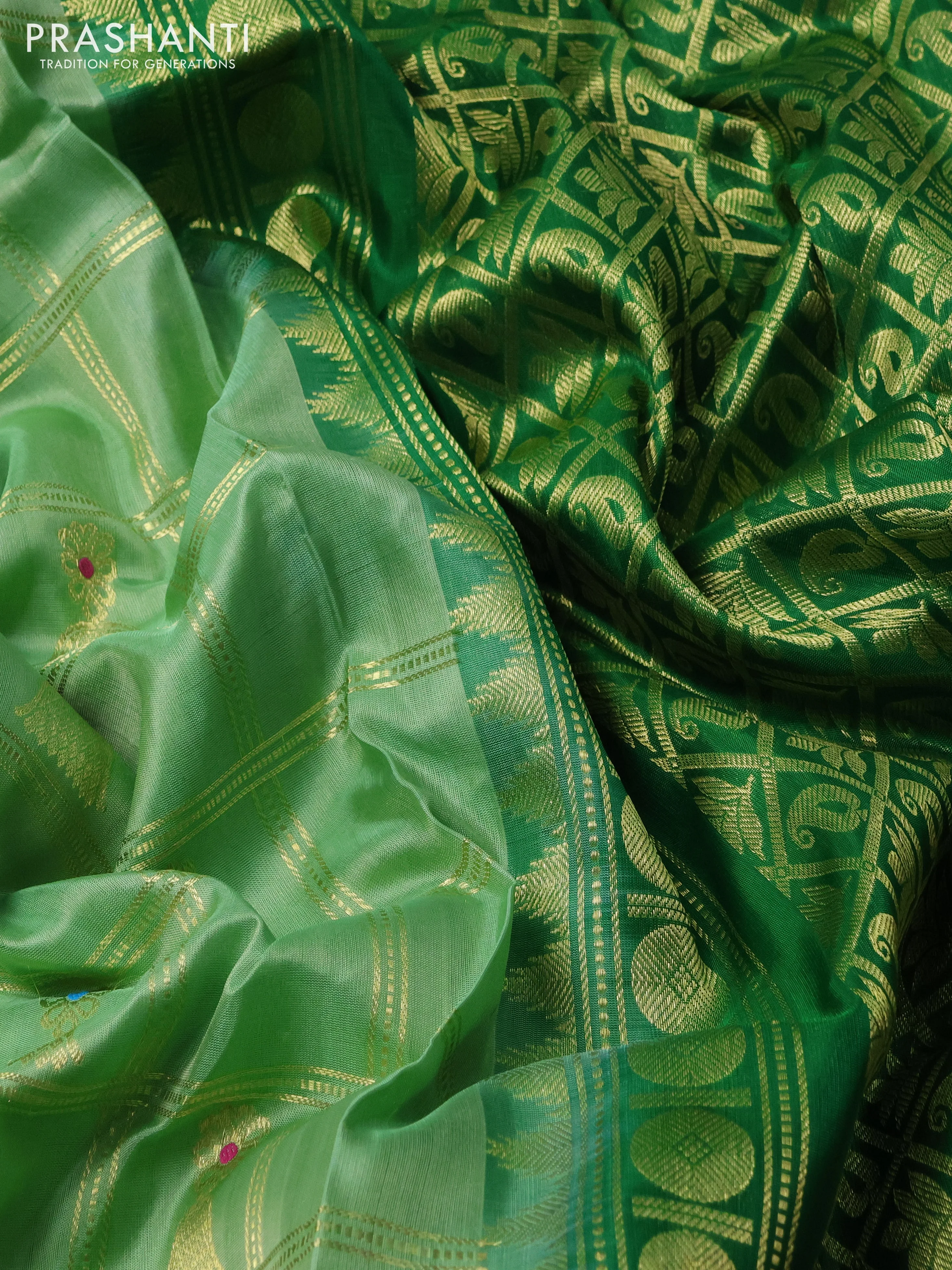 Venkatagiri silk saree pastel green and green with allover zari checks & buttas and long zari woven annam border - Image 3